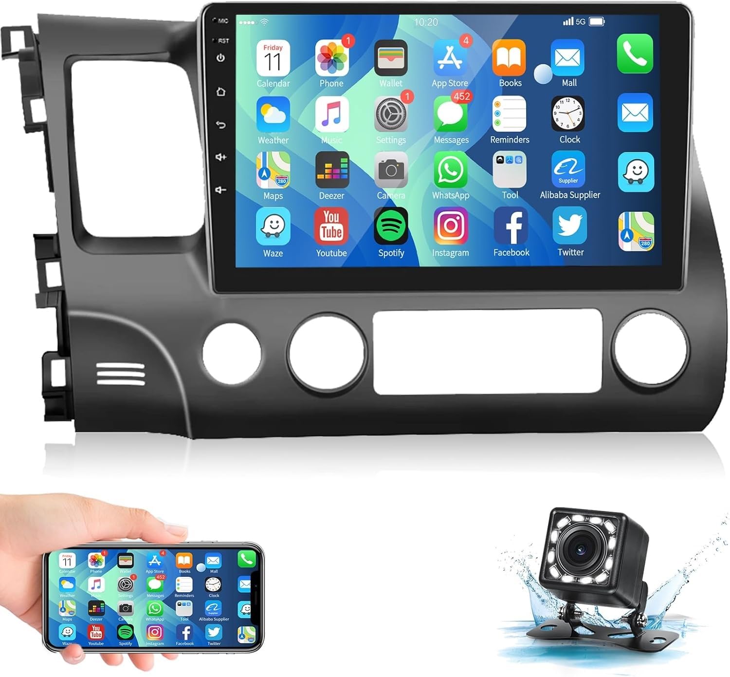 Android Car Stereo for Honda Civic 2006 To 2011 2GB RAM 32GB ROM Mirror-Link Wi-Fi BT, Radio GPS Navigation, 10 Inch IPS Touch Screen with Backup Camera Included (2+32G With Apple Carplay)