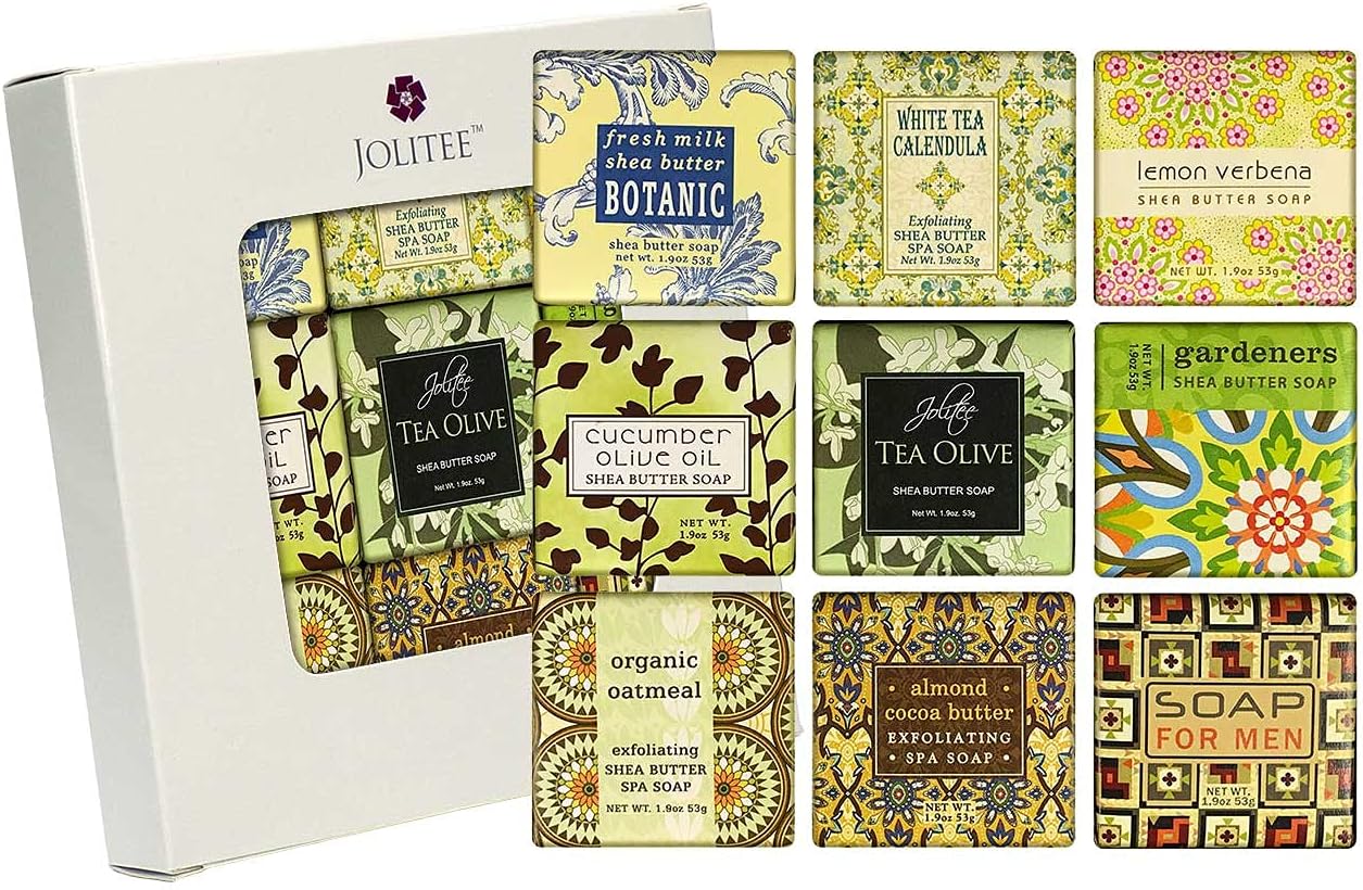 French Milled Botanical Soap Sampler Set of 9 - Individually Wrapped Vegetable-Based Mini Soaps with Essential Oils, Shea Butter, and Natural Extracts (Pure and Simple)