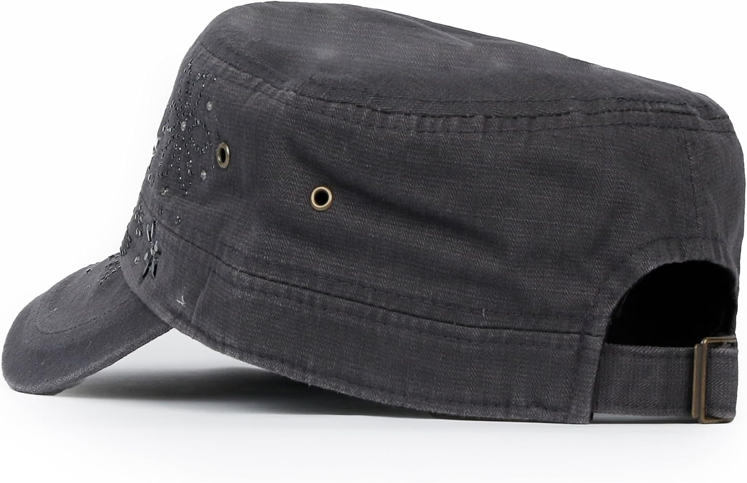 ililily Rhinestone Cotton Cadet Cap Vintage Distressed Cotton Military Army Hat