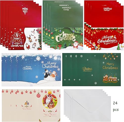 24 tarjetas de felicitación de Navidad con sobre, tarjetas de agradecimiento de Navidad con 6 patrones, tarjetas surtidas de felicidades, regalos