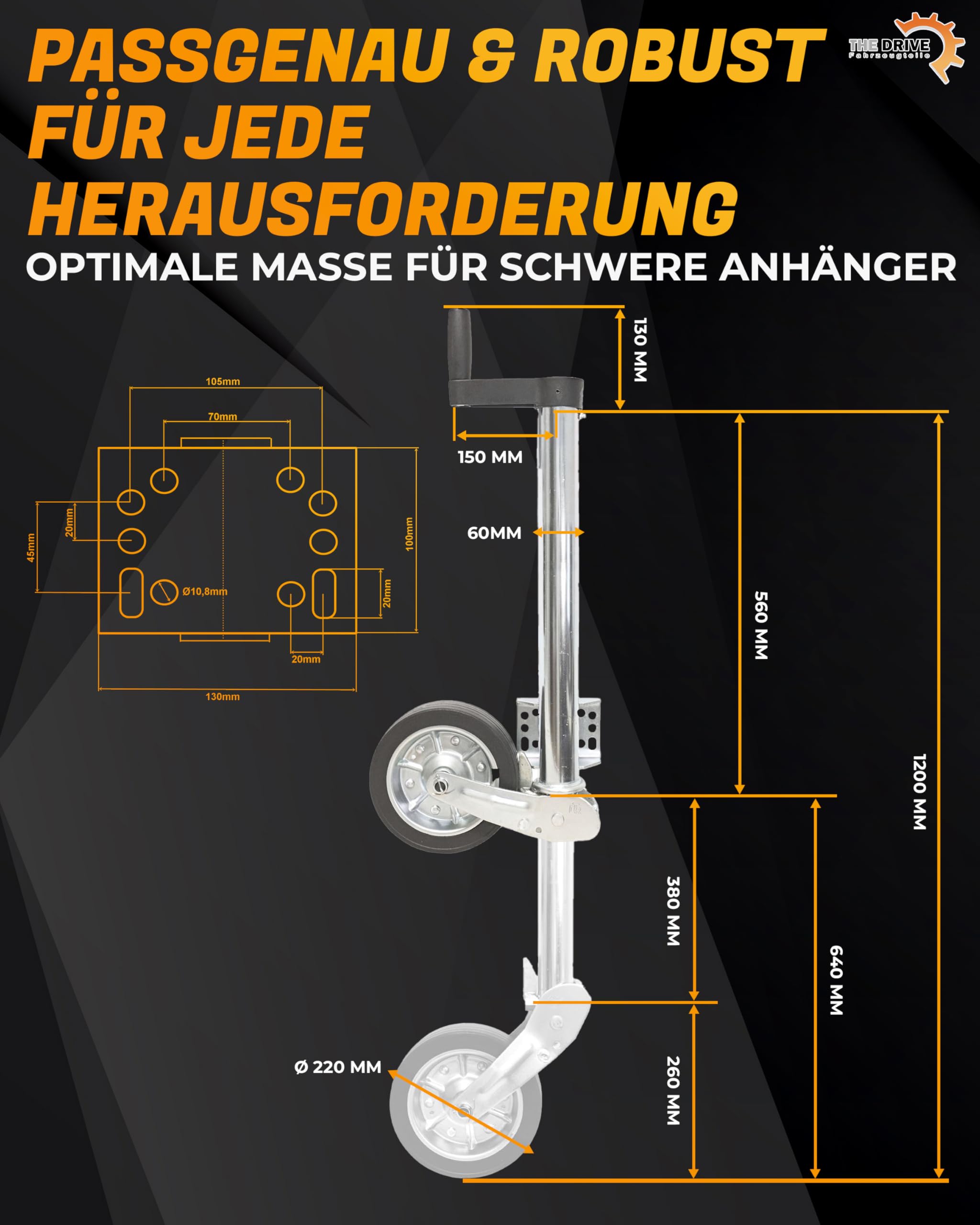 The Drive | Anhänger Stützrad 500KG | vollautomatik | mit Ergo-Griff | Vollgummirad Ø225x65 | Schwerlast | perfekt für Anhänger, Pferdeanhänger, Trailer & Wohnwagen