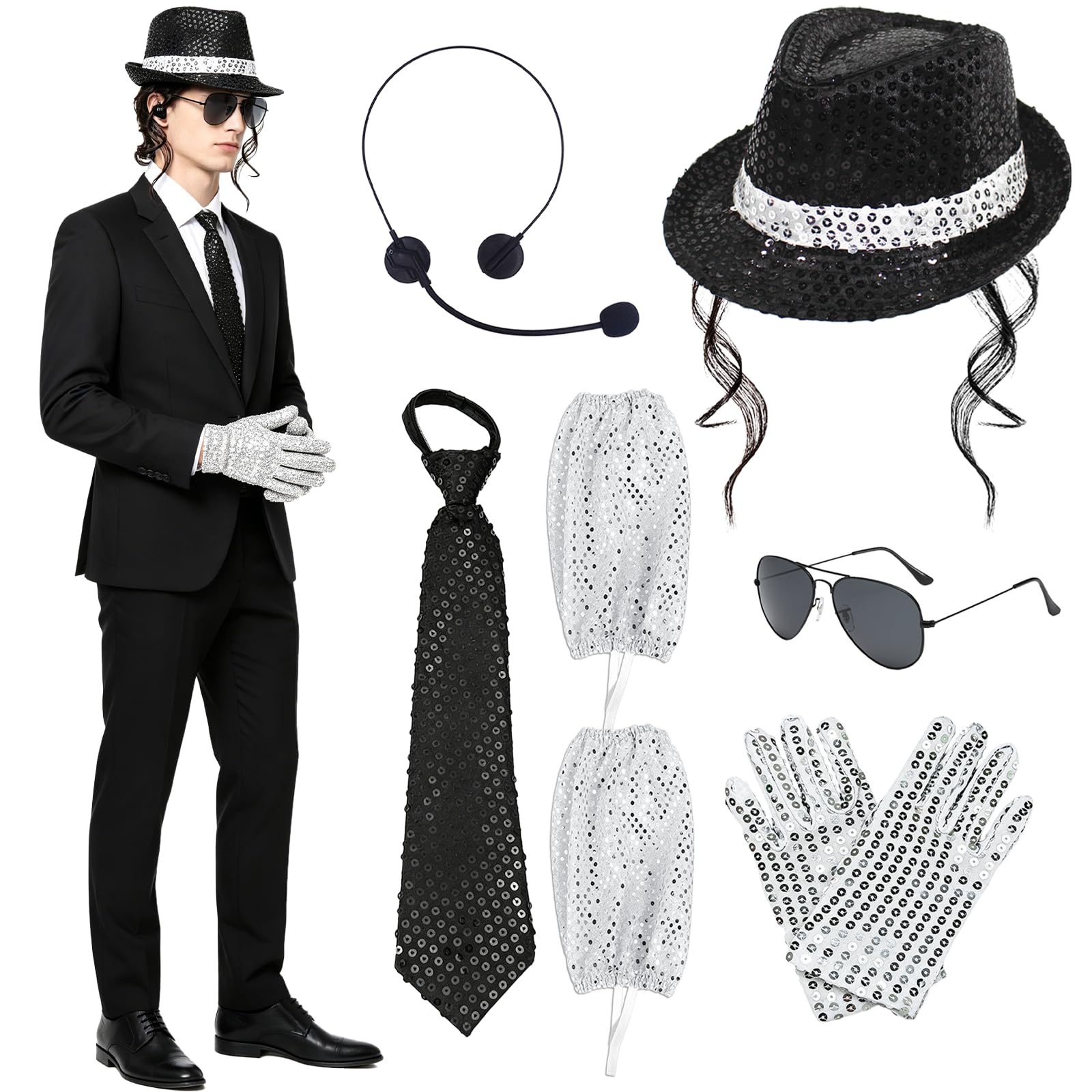 6 Pcs Pop Star Costume Rockstar Singer Dancer Costume Fancy Dress Accessories for Adult with Sequins Hat Glasses Tie Sequins Gloves Microphone Leg Covers for Carnival Halloween 80s 90s Cosplay Party