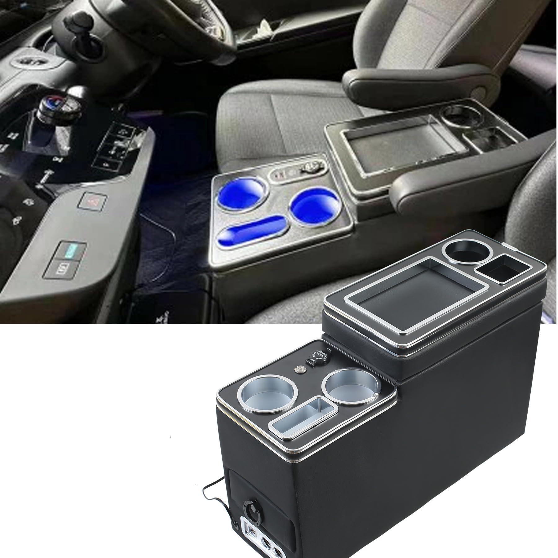 Konsola środkowa z półkami, schowek, błyszcząca skóra, konsola środkowa, akcesoria z lampkami USB LED, do zapalniczki samochodowej, uchwyt na napoje, uchwyt na telefon, kompatybilny z VW T4,