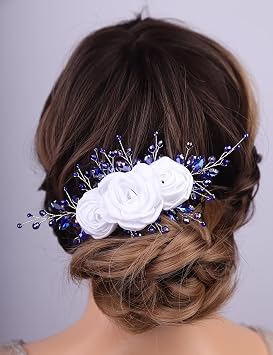 Teyglen Blue Crystal Flower Wedding Headband with Rhinestone Headpiece Bridal Flower Headband for Bride Crystal Beads Hair Piece Handmade Hair Jewelry for Women Party Prom Blue