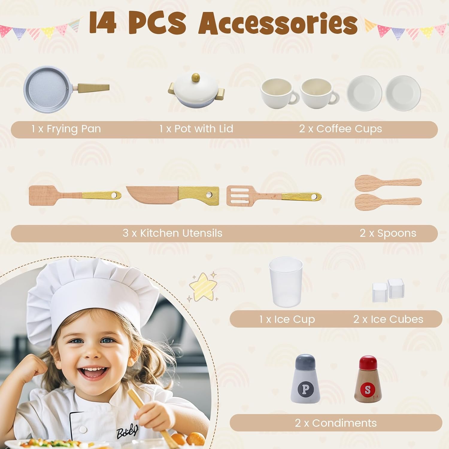HONEY JOY Play Kitchen with Enhanced Storage, Wooden Kids Kitchen Playset, Ice Maker & Coffee Maker, Stove, Microwave, Oven, Little Chef Pretend Toy Kitchen Set for Boys Girls Gift (Cream Golden)