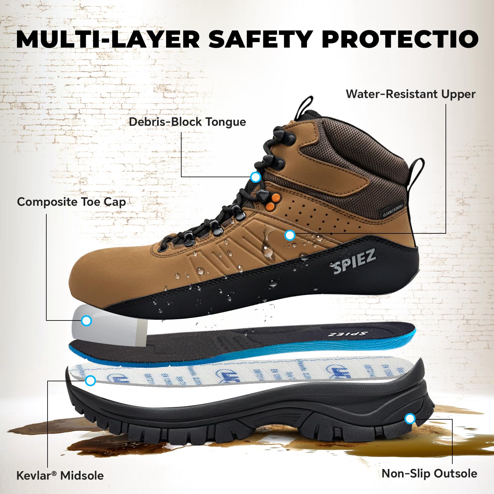 SPIEZ Botas de seguridad para hombre S2 – Zapatos de seguridad ligeros con puntera composite, antideslizantes, resistentes al agua y antiestáticos Marrón, EU 39–46
