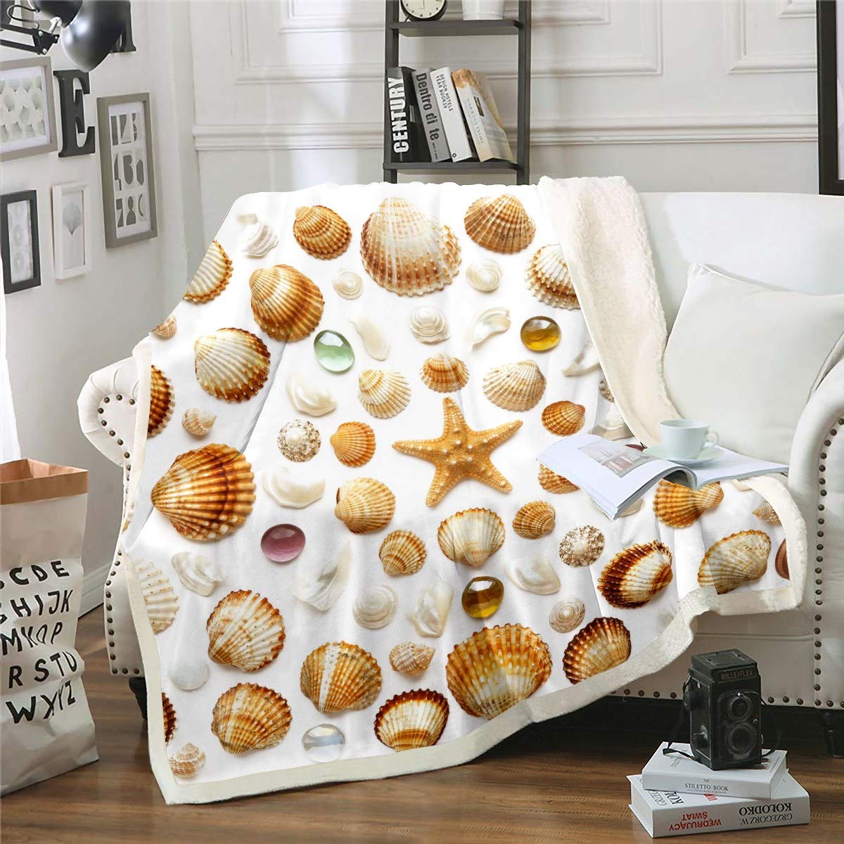 Loussiesd Multi 16 Beach Starfish Throw Blanket Ocean Marine Themed Sherpa Blanket For Couch Chair Sofa Couch Shell Fleece Blanket Sea Creatures Warm Plush Blanket Bedroom Decor Single 50"X60"