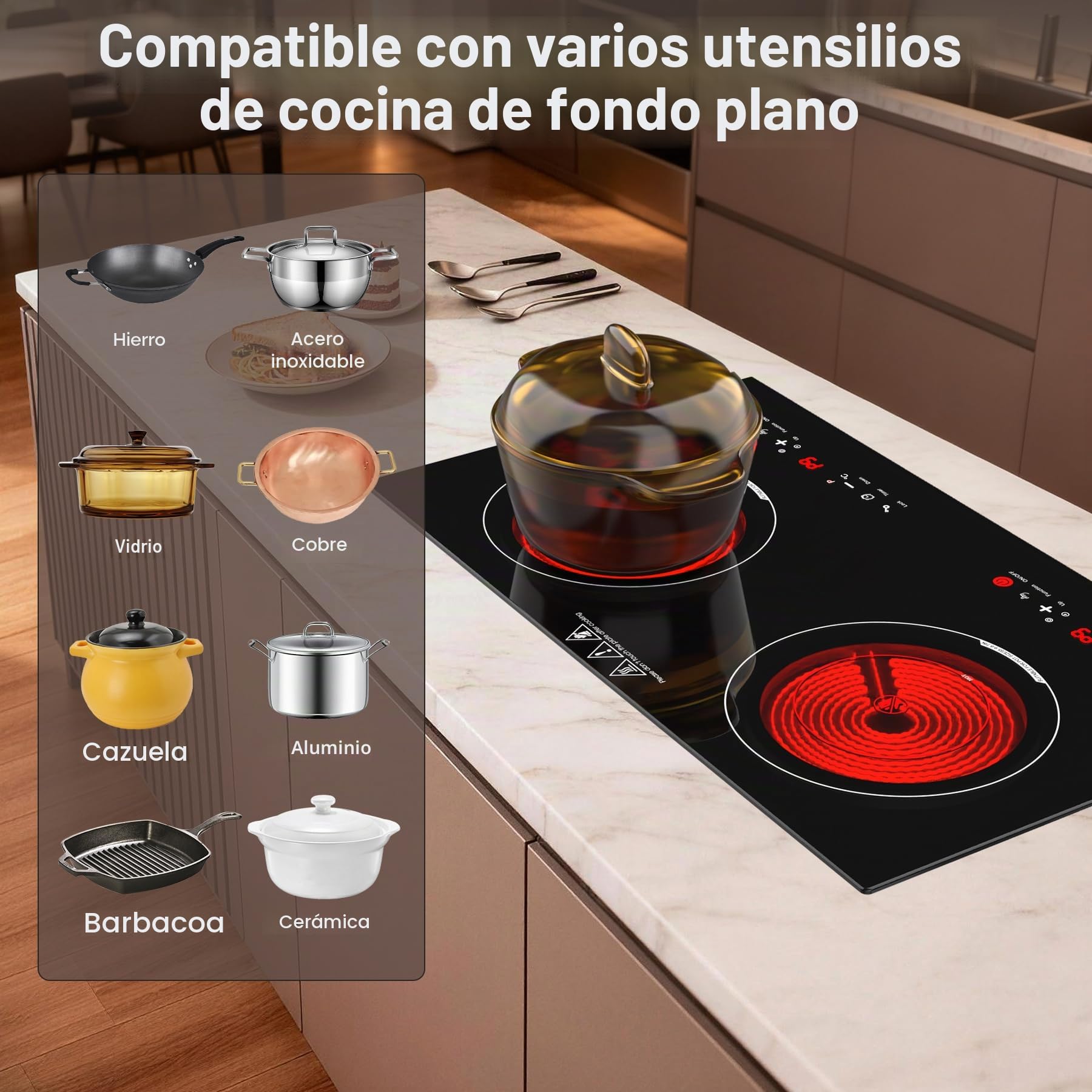 Placa Vitrocerámica 2 Fuegos 3600W, Placa de Cocción Eléctrica 60cm con 9 Niveles de Potencia, Temporizador 4H, Compatible con Todas las Ollas, Encastrable o Sobremesa