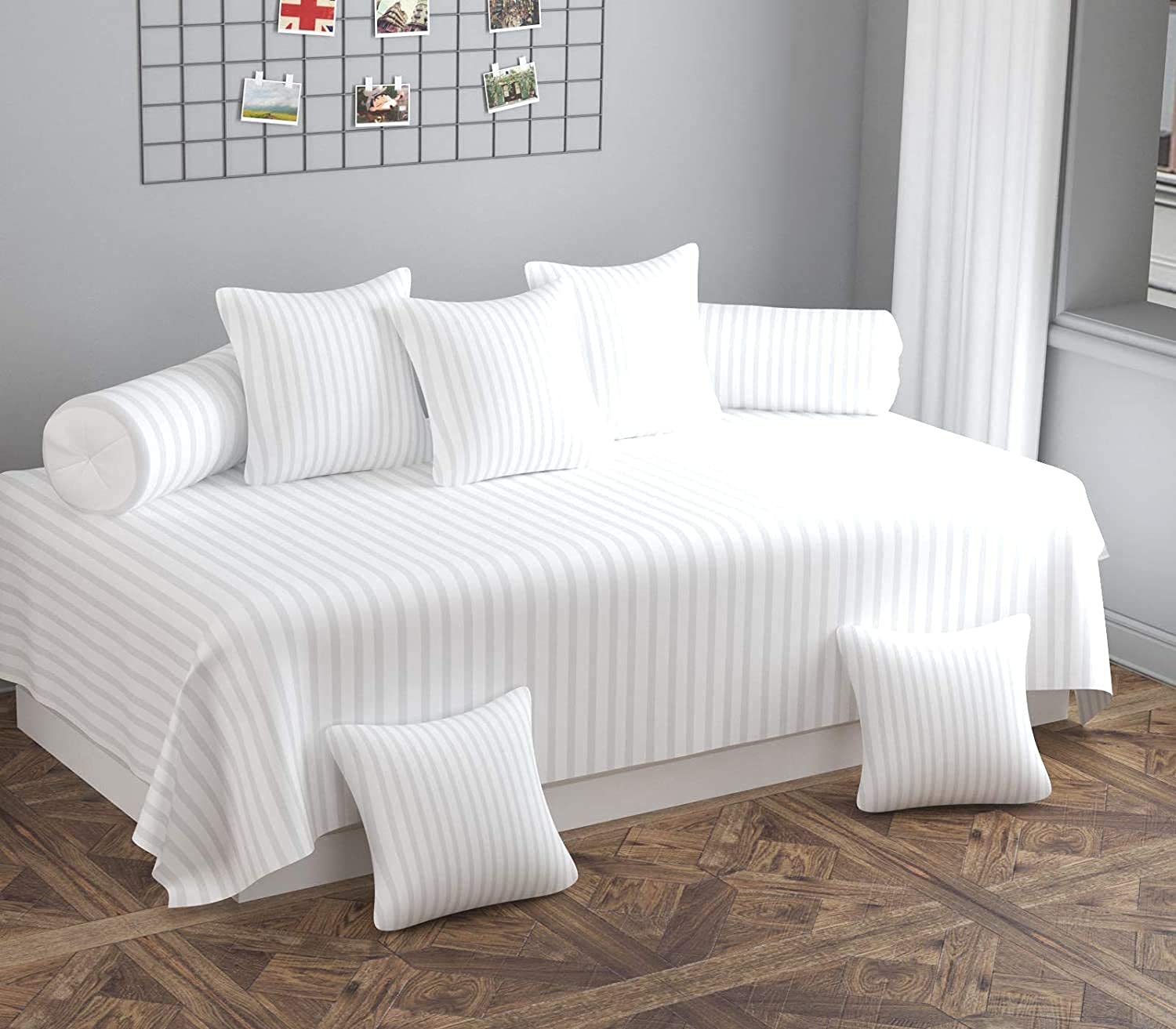 Furnistitchs Plain Stripes Microfiber Diwan Set of 8 Pieces, (1 Single Bedsheet, 5 Cushions Covers and 2 Bolster Covers, 150 x 230 cm, White)-image-6
