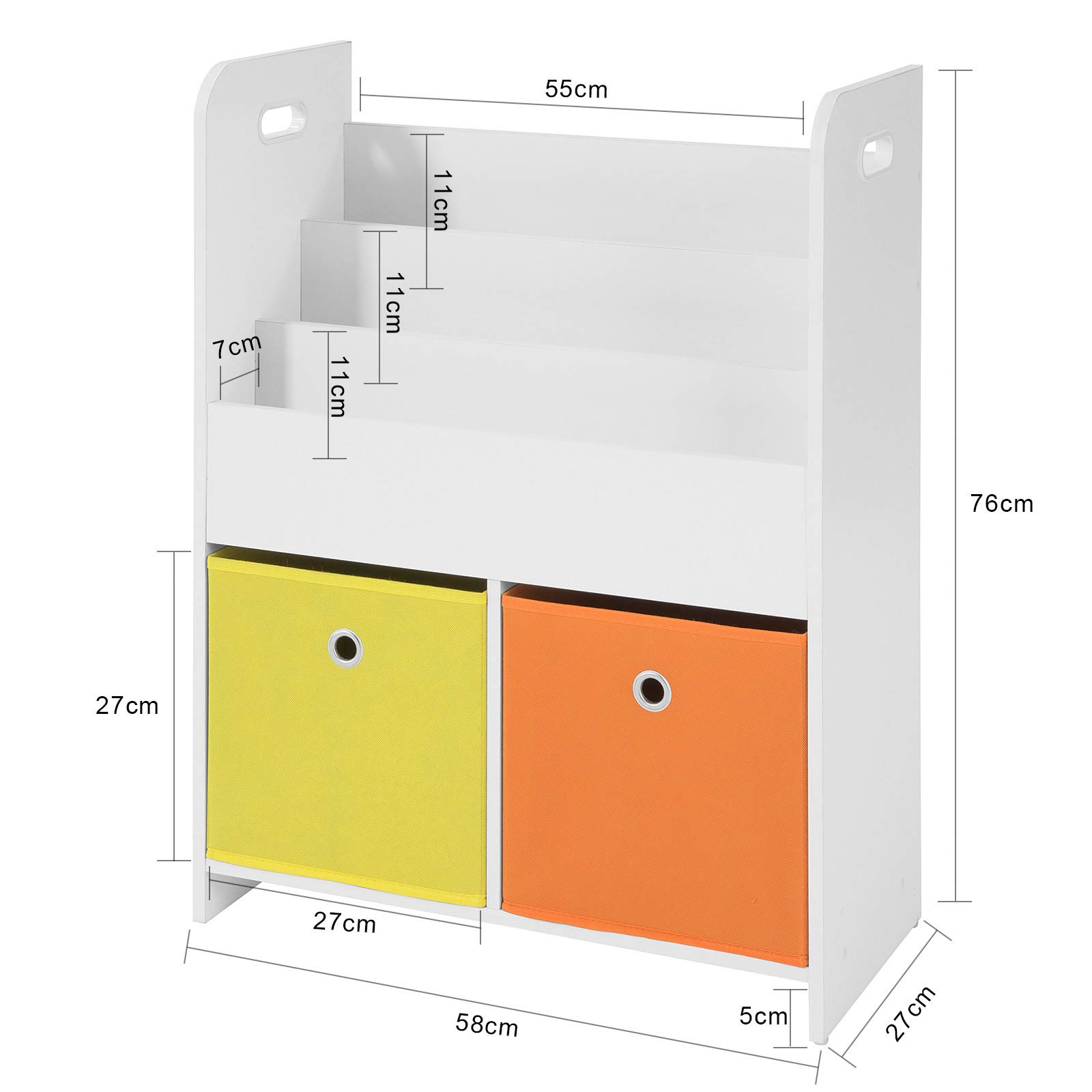 SoBuy KMB27-W dziecięcy regał na książki z 3 półkami i 2 pudełkami z materiału, regał do przechowywania zabawek, organizer na zabawki, biały, szer. x wys. x gł.: 58 x 76 x 27 cm