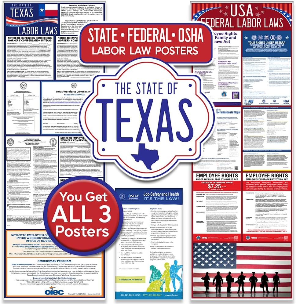 2026 All-in-One Labor Law Poster Pack of 2 – Texas State Federal OSHA Compliant Workplace Posters Laminated Employee Rights Minimum Wage Sign HR Office Compliance Bulletin Board Business Regulation