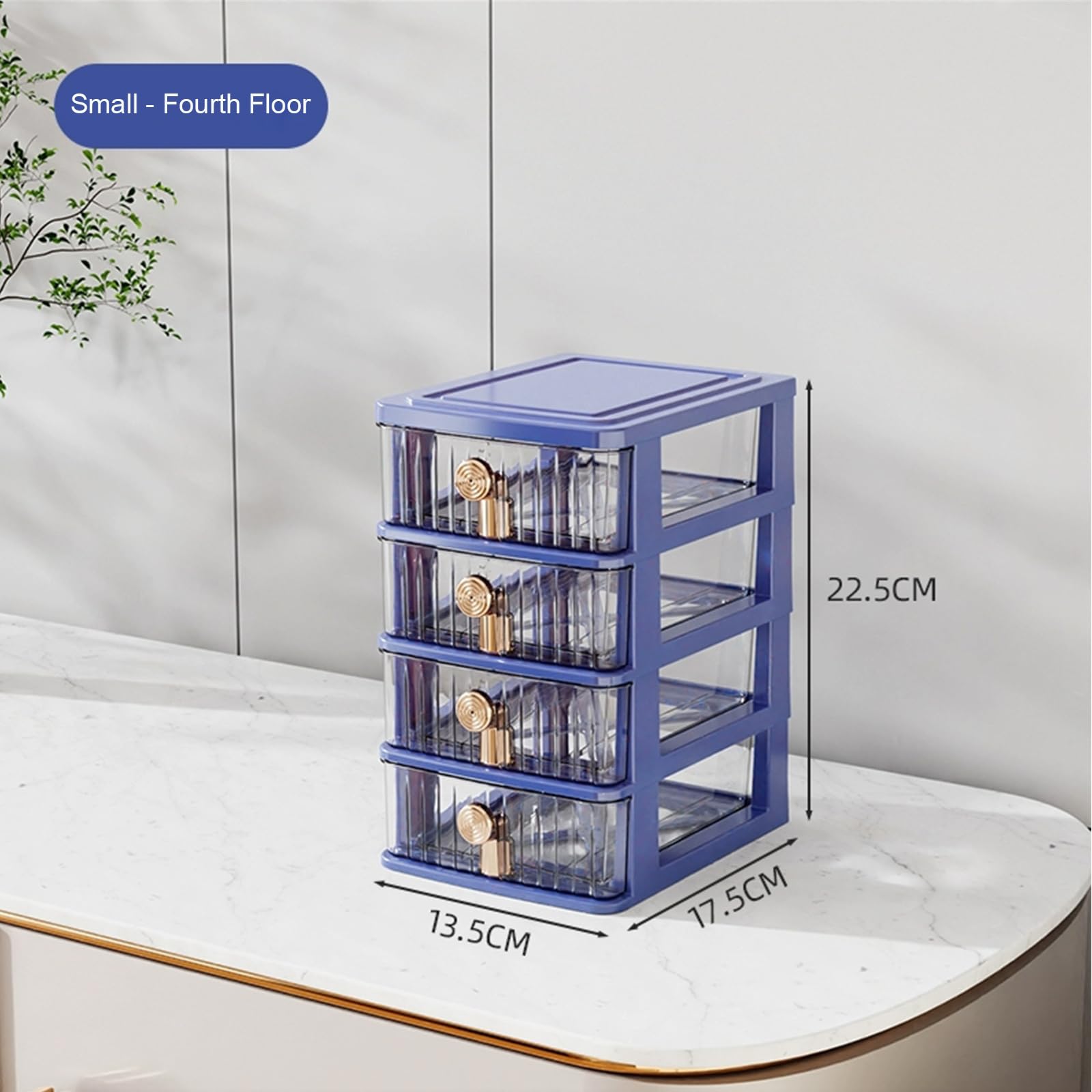 Cassettiera da scrivania con 4 cassetti in plastica trasparente, ideale per artigianato, forniture e accessori per ufficio, cassettiera compatta (13,5 x 17,5 x 22,5 cm), blu