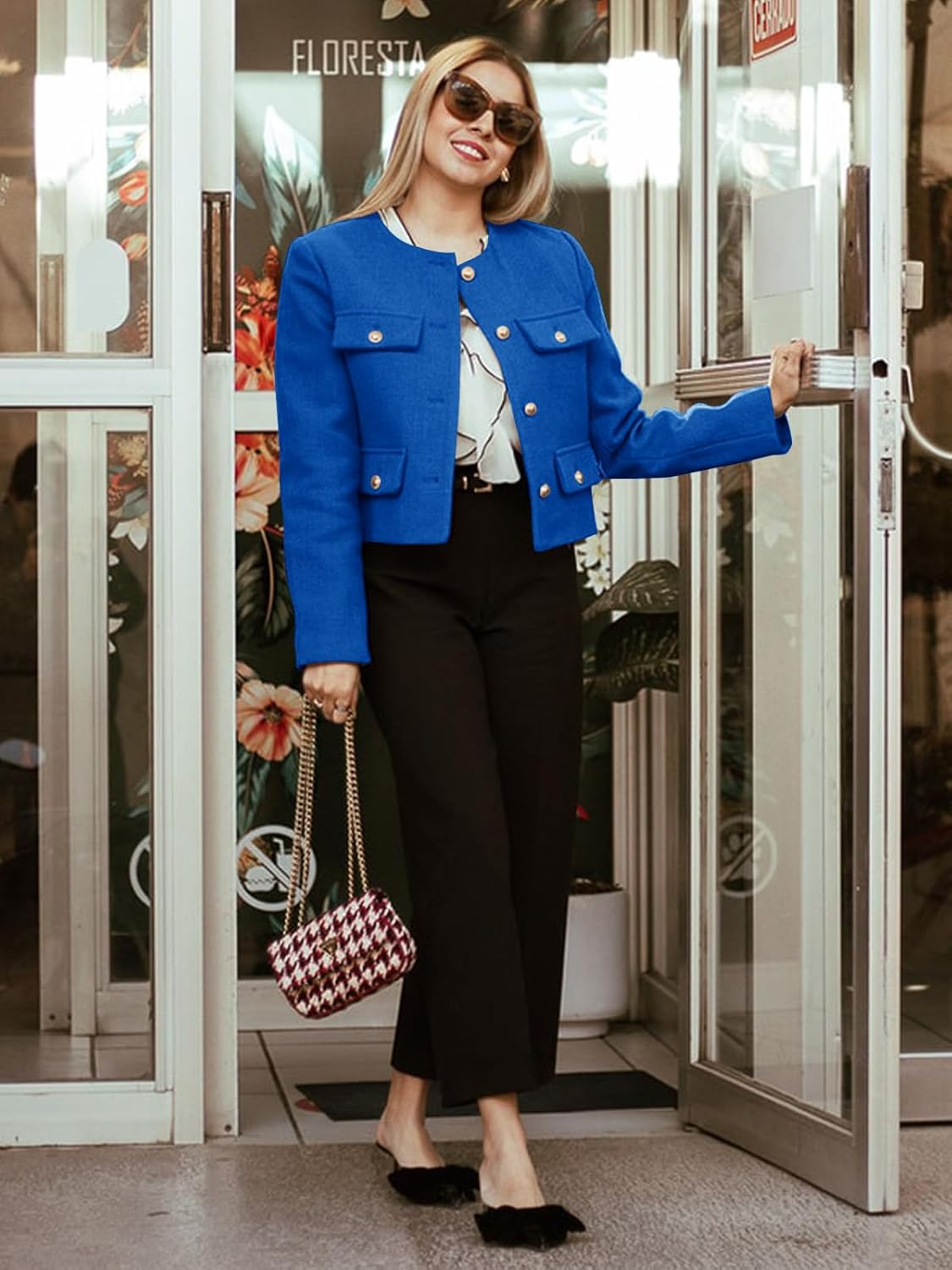 Cicy Bell Womens Cropped Tweed Blazers Jacket Collarless Button Down Business Casual Winter Coats 2026 Spring Outfits - Image 3