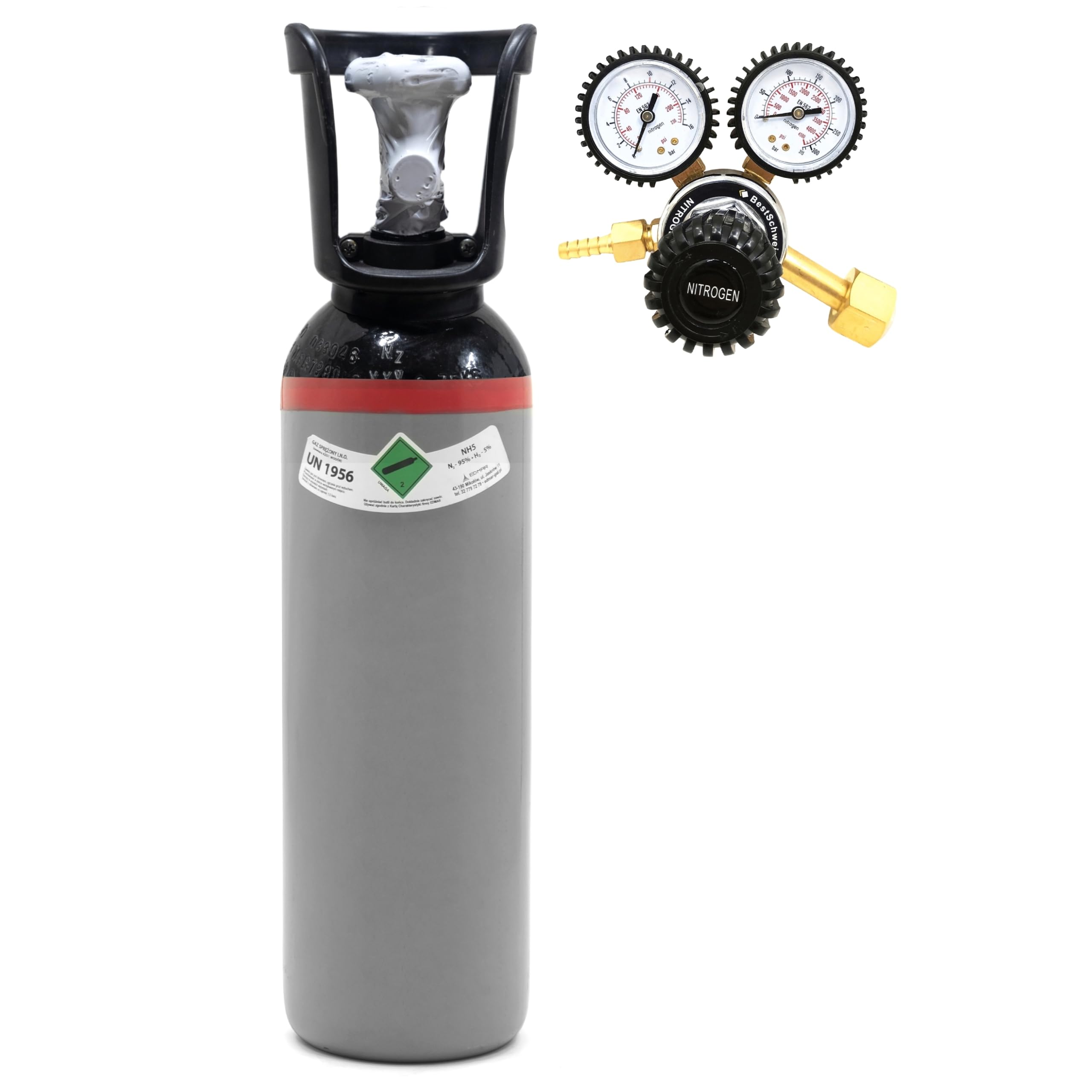 Stickstoff Wasserstoff Gasflasche 5 Liter NH5 (95/5) + Druckminderer 200 bar (Set) - Formiergas Gefüllt & Neu für Klimaanlage Lecksuche - Dichtheitsprüfung Lecksuchgas Zylinder - Bestschweissen.de