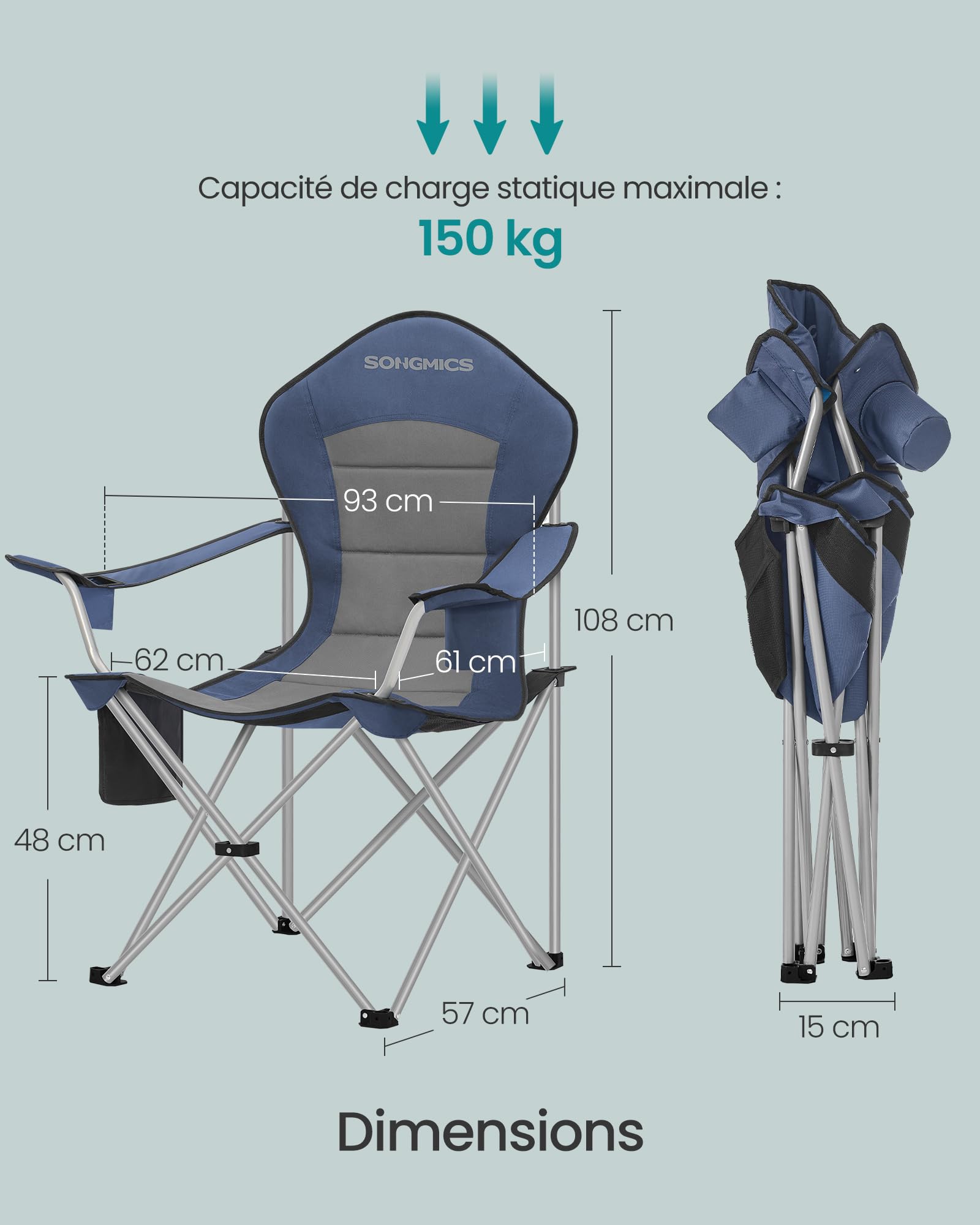 SONGMICS Chaise Pliante Camping, Siège Large, Dossier Haut, Chaise de Pêche Portable avec Porte‑Gobelet, Support pour Téléphone, Organiseur en Tissu, Bleu et Gris GCB005QE01