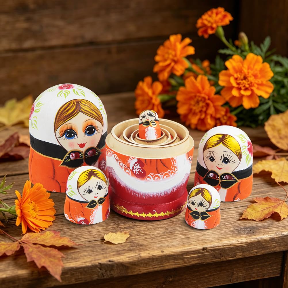 Ensemble de 5 poupées Russes Matriochka « Fille aux Fleurs Orange », représentant Une Fillette Traditionnelle Portant des Gants. Décoration à empiler, pour Un Anniversaire ou Une fête d'e