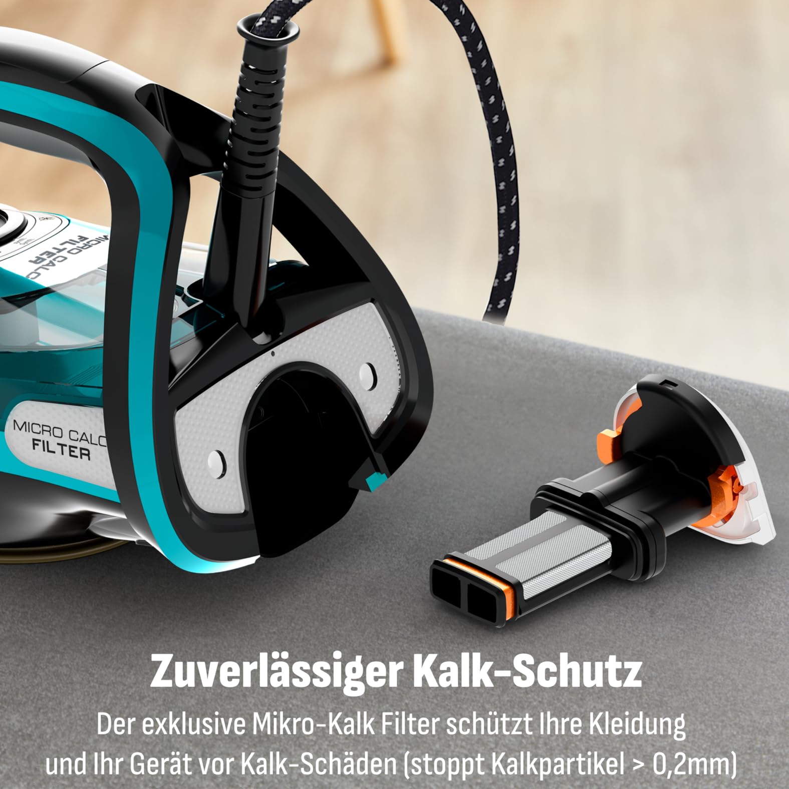 Tefal Dampfbügeleisen Ultimate Pure 3200 W 1,2 kg Micro-Calc-Filter Durilium Airglide Autoclean-Bügelsohle FV9844 schwarz/türkis