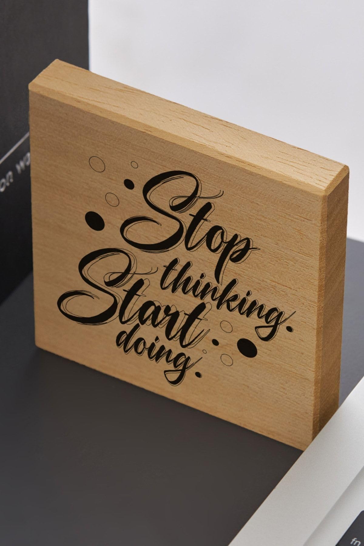 Stop Thinking Start Doing Motivasyon Mesajlı Mini Ahşap Blok