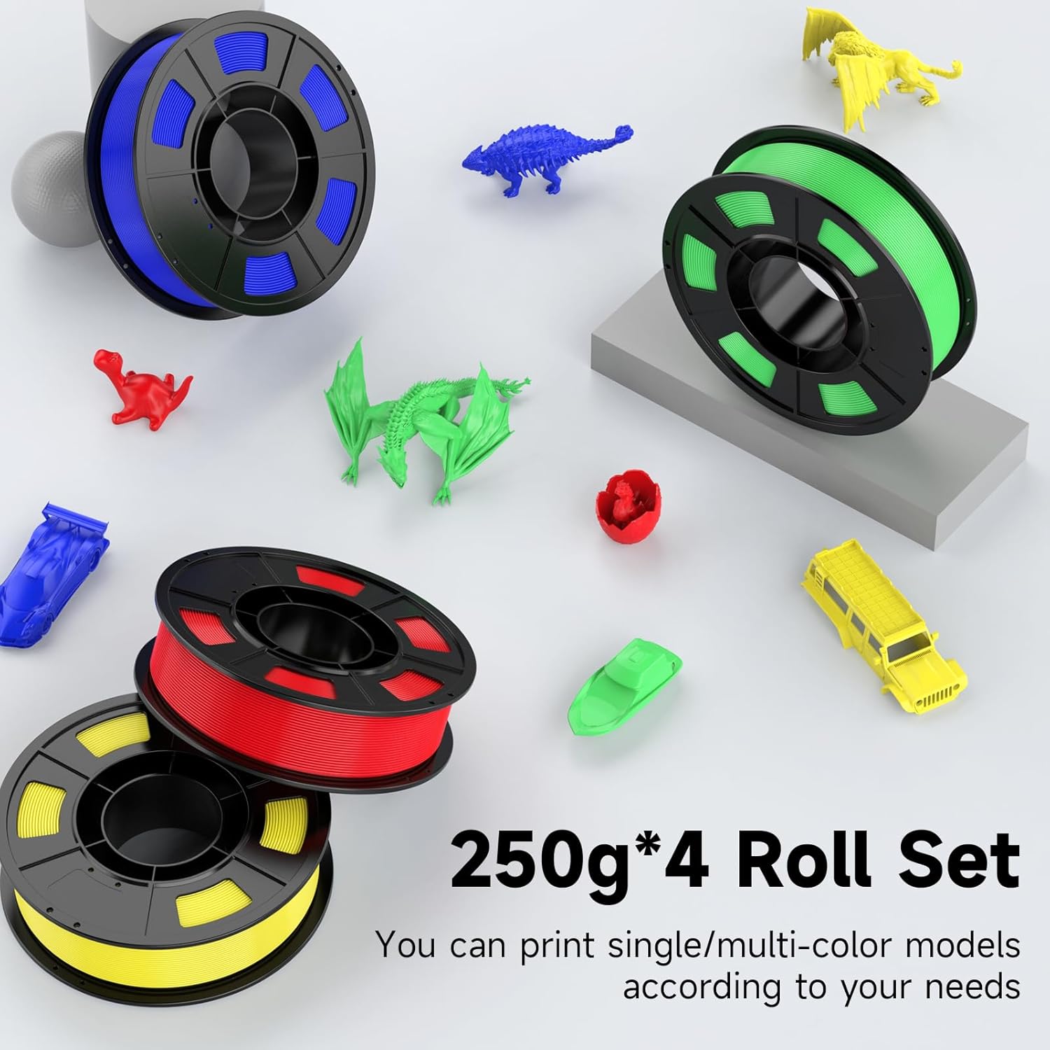 PLA Filament 1.75mm Bundle, WEEDO 3D Printer Filament, Dimensional Accuracy ±0.02mm, Clog-Free, Tangle-Free Packed, Blue+Green+Red+Yellow (250g*4)