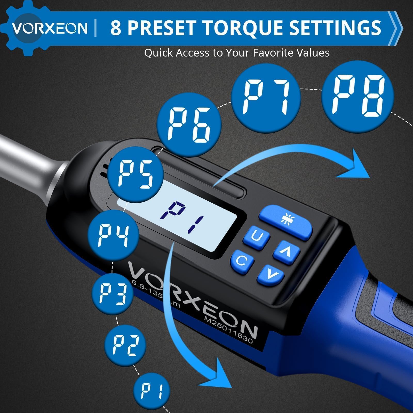 Clé dynamométrique numérique 3/8" Drive avec valeur prédéfinie, modes Track and Peak, alertes LED et buzzer, 4 unités de mesure pour vélo, moto, voiture, 6,8-135 Nm