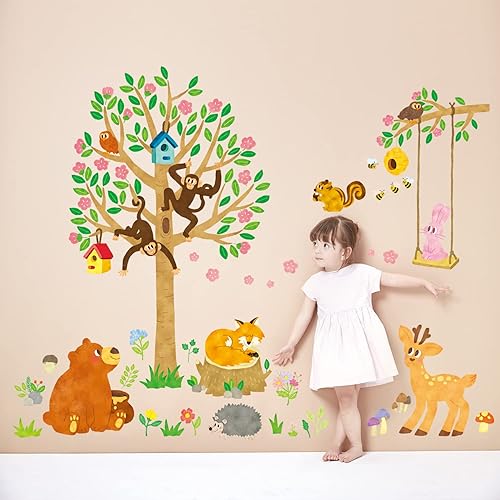 Miniatura 2 de DECOWALL SG-2201 Woodland Nursery Decor Wall Stickers Animals Nursery Girls Tree Forest Boy Room Fall Fox Deer Owl Playroom Living Bedroom Baby