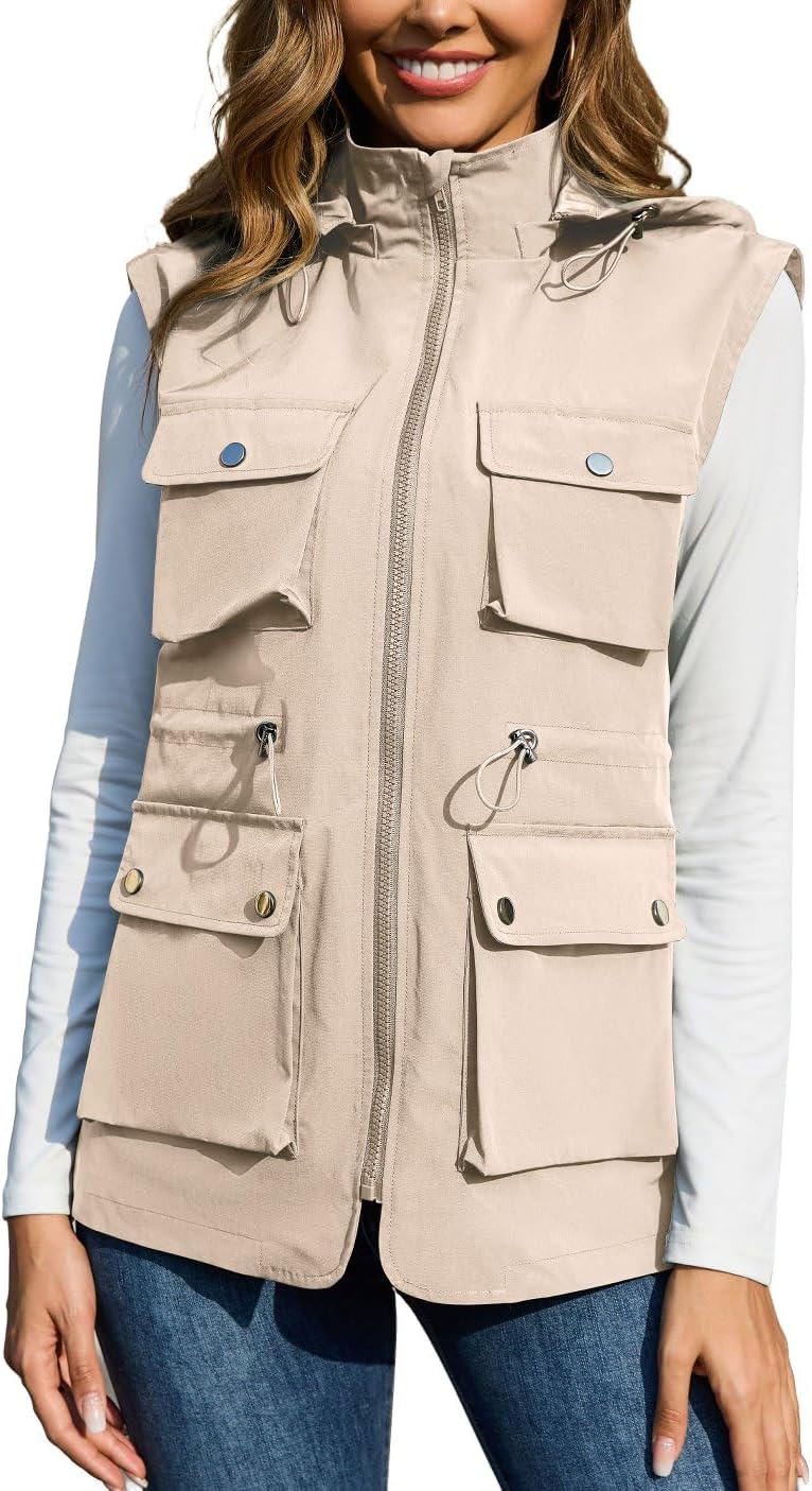 PESION Womens Packable Military Utility Vests Outerwear Waterproof Windbreaker Jacket Cargo Vest with Removable Hood