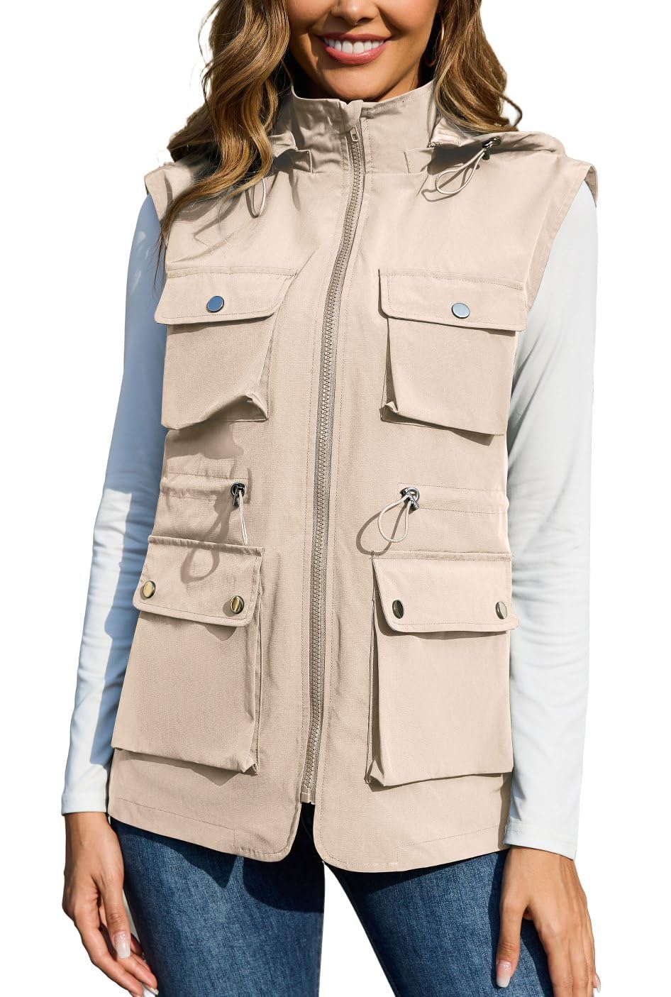 PESION Womens Packable Military Utility Vests Outerwear Waterproof Windbreaker Jacket Cargo Vest with Removable Hood
