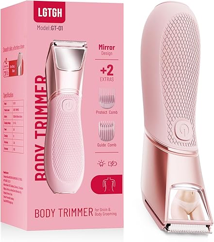 Recortadora de bikini para mujer maquinilla de afeitar de pelo púbico con espejo y luz LED, afeitadora eléctrica con cuchillas de cerámica y bloqueo