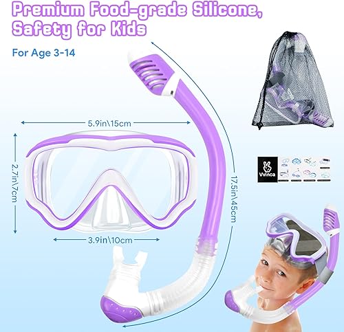 Miniatura 6 de Vvinca Snorkeling Gear for Kids Dry Top Kids Snorkel Set for Boys Girls Junior Youth Children Age 4-14 Swim Goggles with Nose Cover Anti-Fog