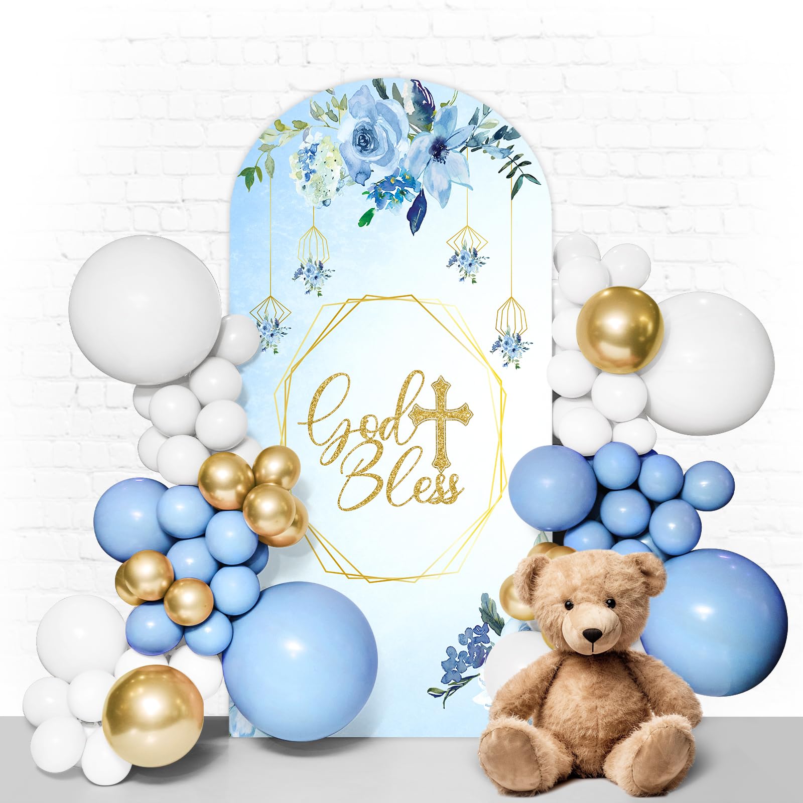 Baptism Arch Double Sided Backdrop God Bless Baptism Decorations 7.2FT First Communion Christening Party Arch Cover Photo Booth Decor for Birthday