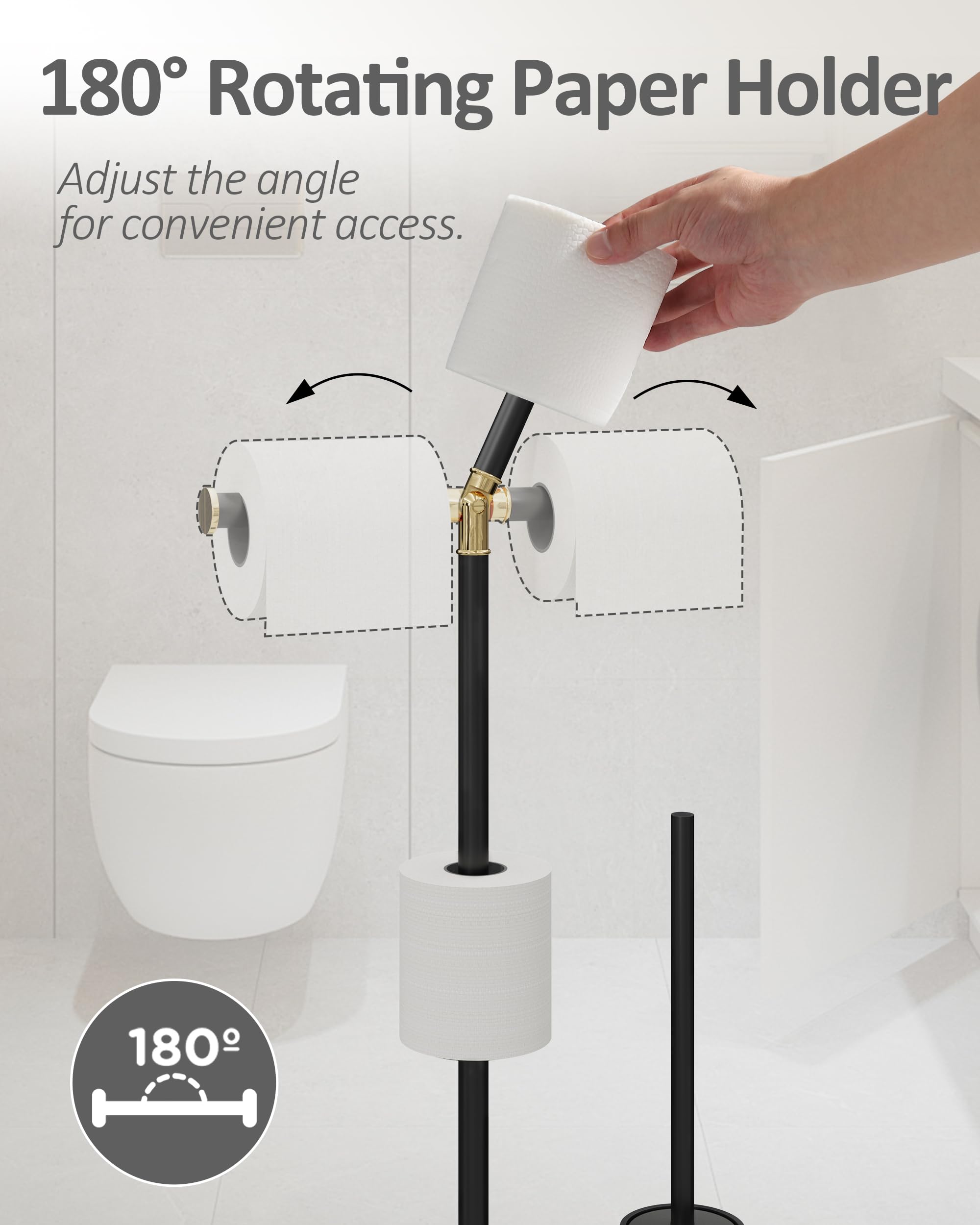 BVL Portarrollos de Papel Higiénico de Pie, Negro con Detalles Dorados | De acero inoxidable 3 en 1 que ahorra espacio para 3 ruedas, base estable