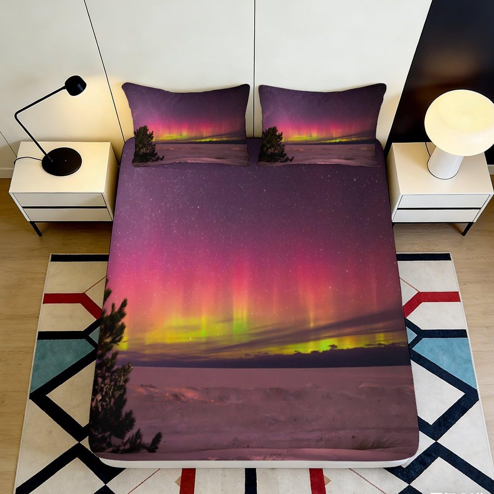 3D Printed Northern Lights Fitted Sheet Microfiber Soft Aurora Landscape Mattress Cover for Bedroom Dorm Decor 90x200x25cm