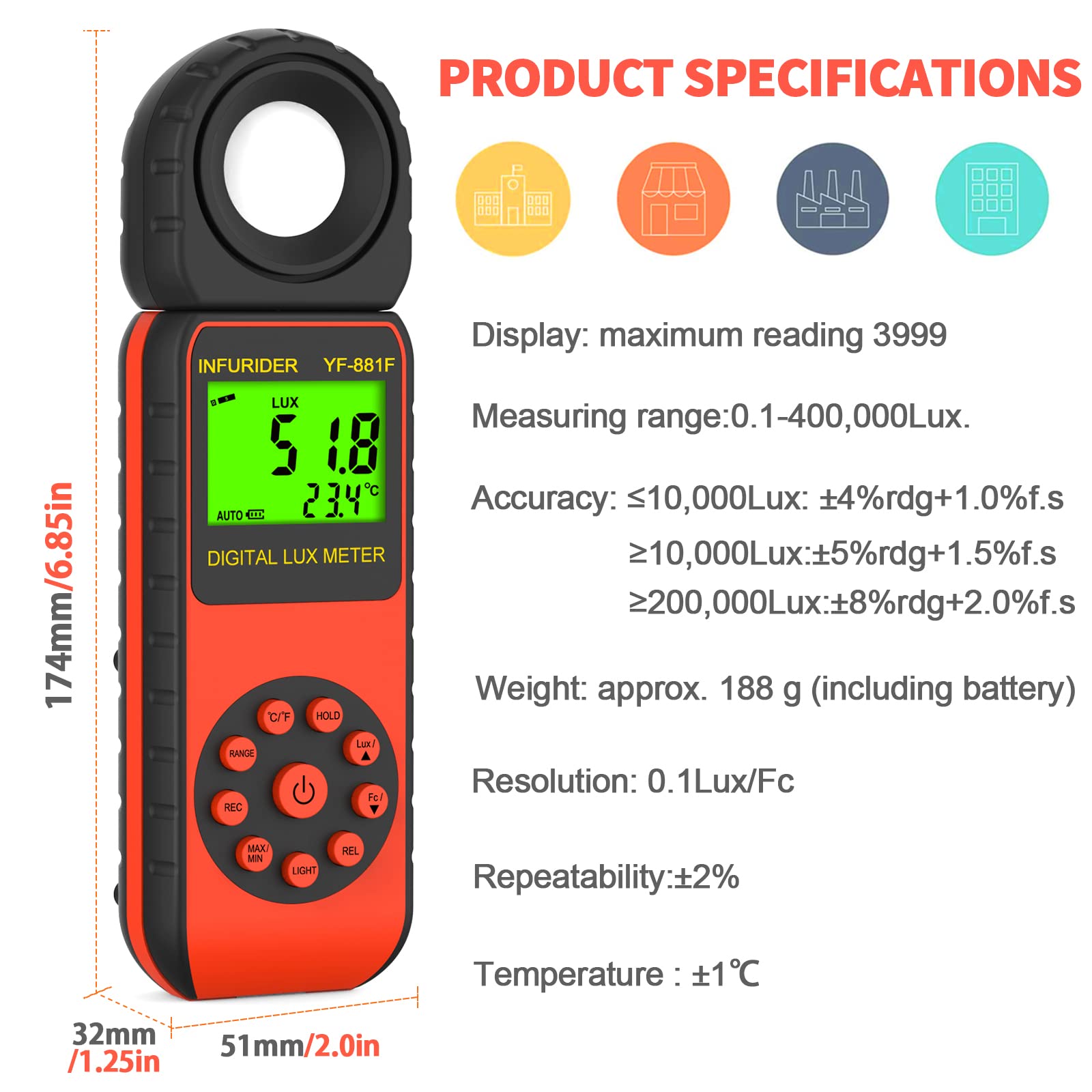 Luxmètre Numérique Luminomètre，INFURIDER YF-881F Luxmetre avec 0.01-400,000Lux，Photomètre avec Détecteur Rotatif à 270° pour Eclairage LED, Plantes, Photographie