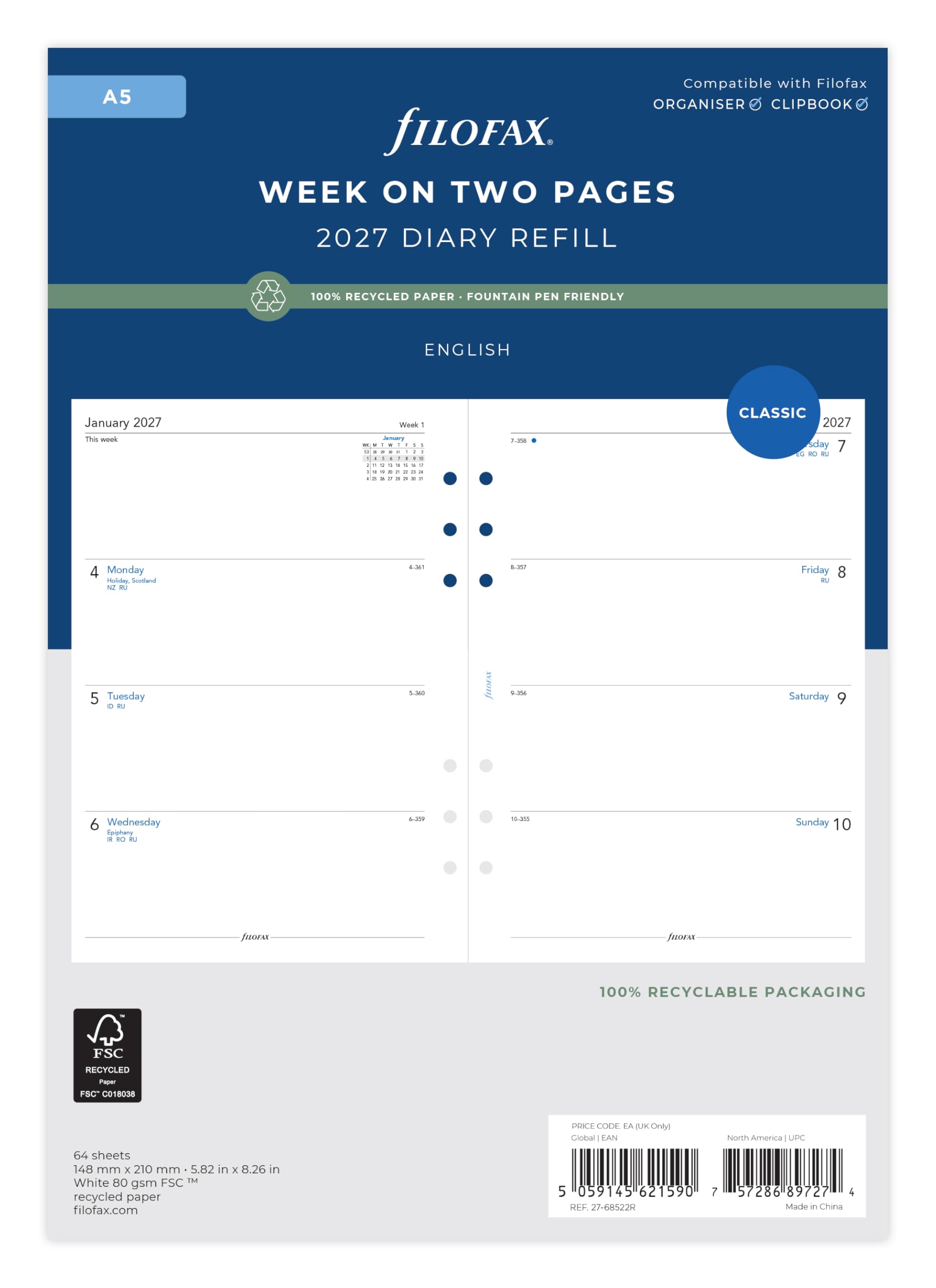 Filofax A5 Week on two pages English Recycled paper 2027 diary 27-68522R