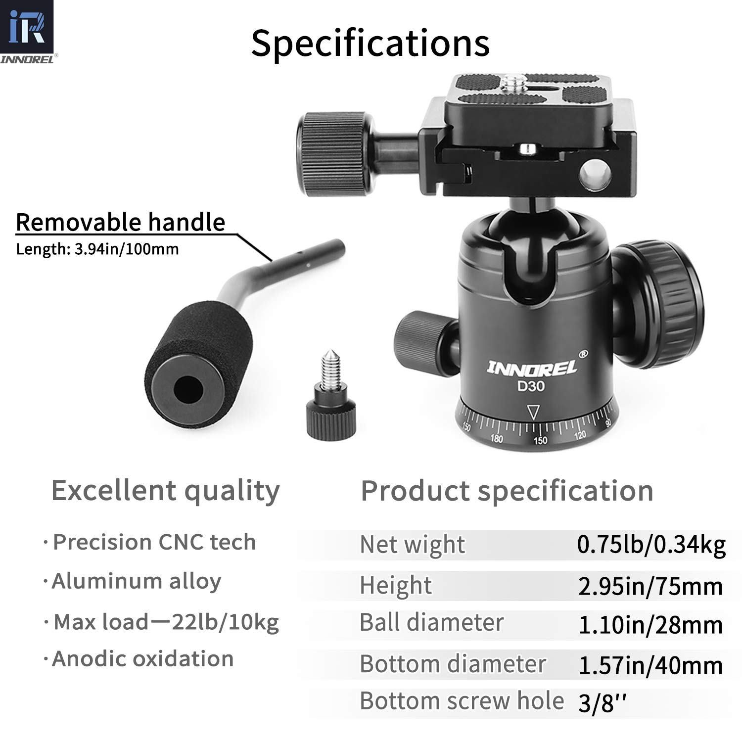 INNOREL D30 Testa per Treppiede Sferica Panoramica Interamente in Metallo CNC ， Con Maniglia e Clip per Telefono, per Monopiede, DSLR, Videocamera, DV, Telescopio ， Carico Massimo 22 libbre / 10 kg