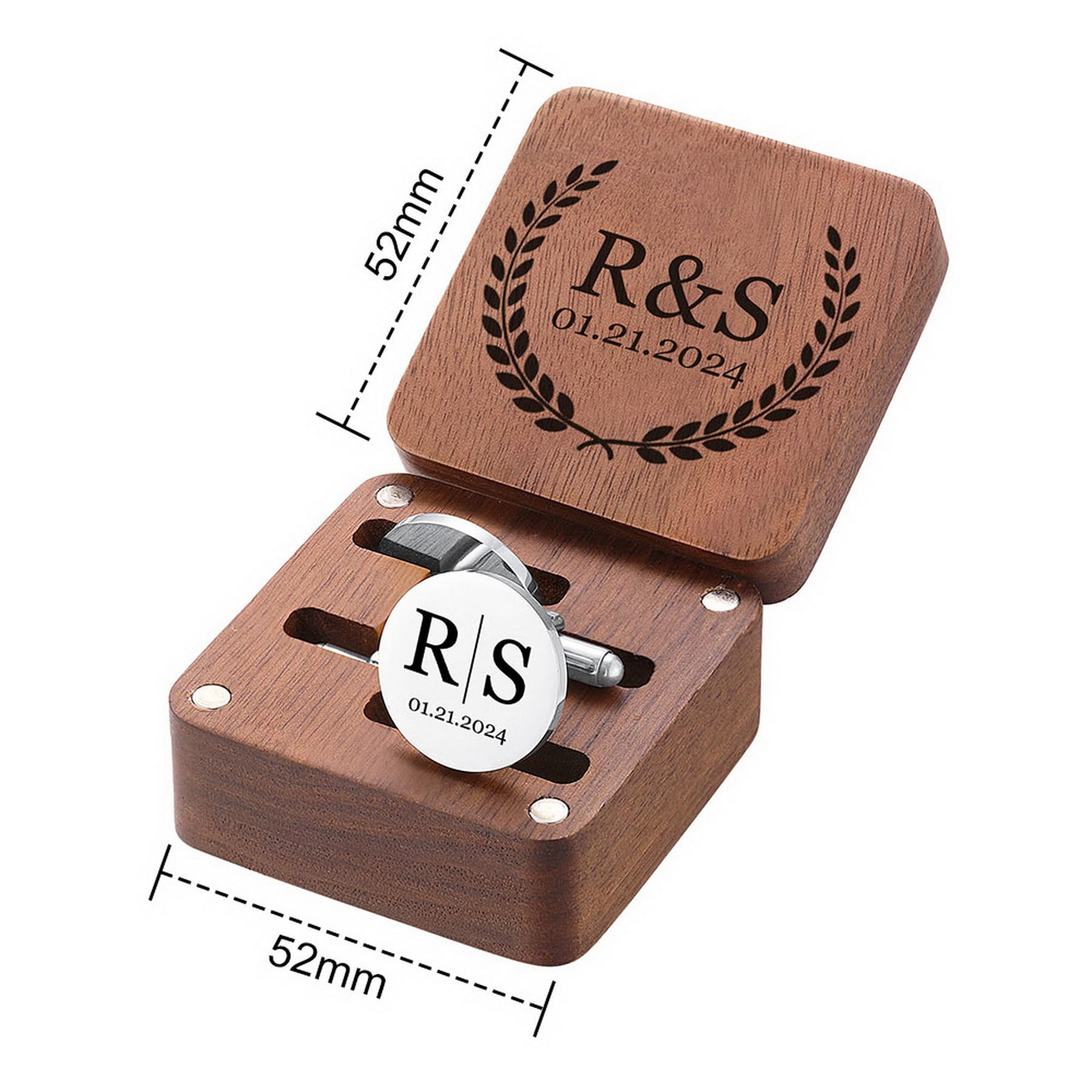 MeMeDIY Gemelli e Fermacravatta Personalizzati con Scatola di Legno Incisa con Nome Testo Iniziale Data Gemelli da Matrimonio per Polsini Camicia Regalo per Uomo/Sposo/Papà