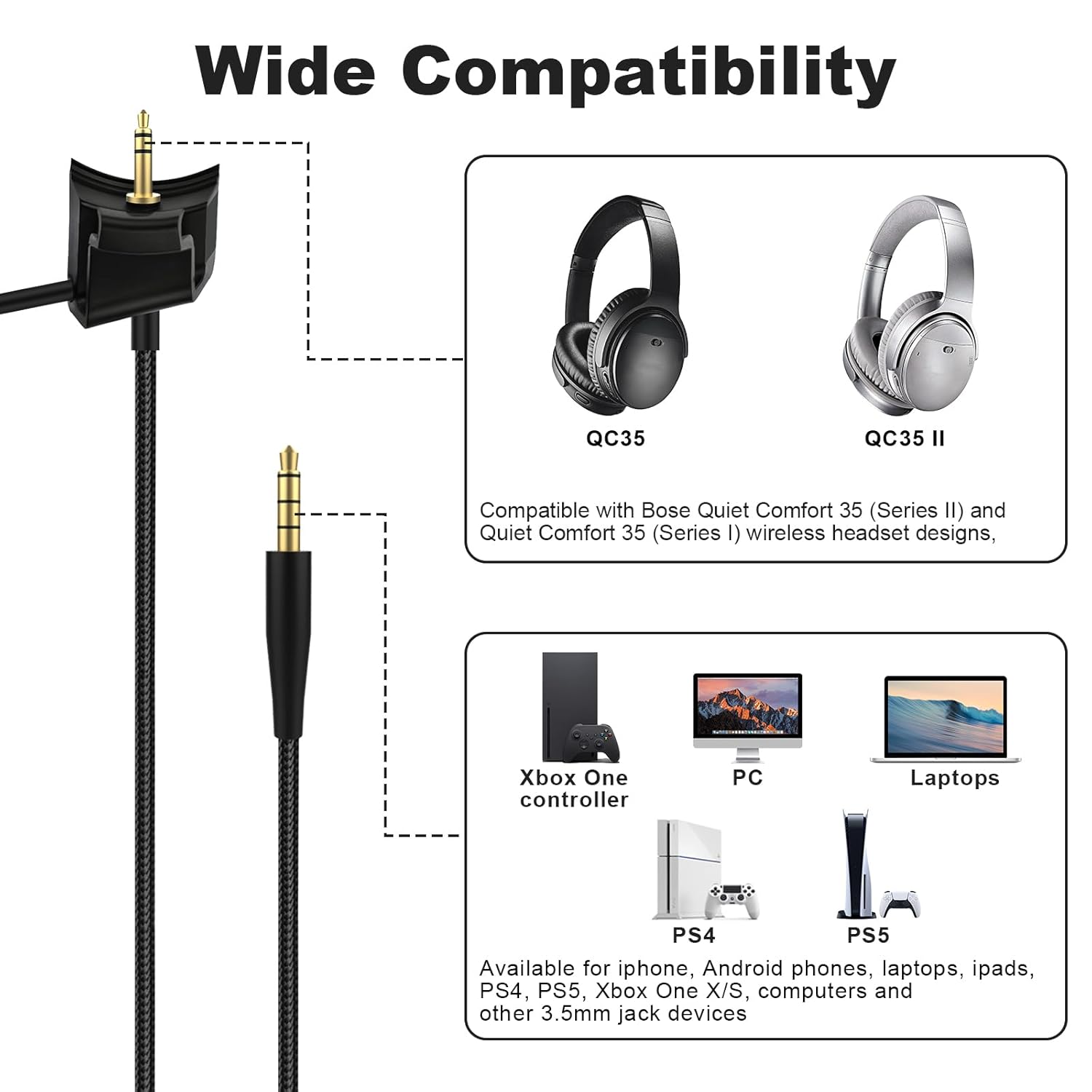QC35 II Boom Microphone Gaming Cable, Detachable QuietComfort 35 Mic Audio Cable Compatible with Bose QC35ii QC35 Headphones for PC, Laptop, Xbox One, PS4, PS5 Controller (Mute & Volume)