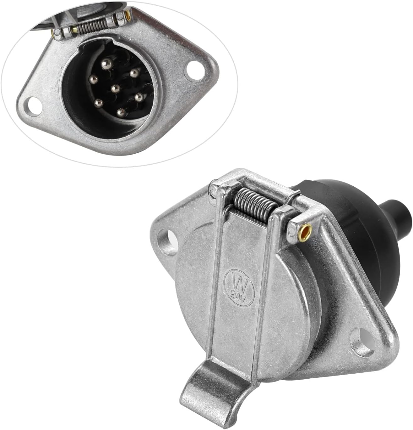 MECMO 7-Pin Round Vehicle-Side Female-End Socket Replacement SAE J560 Style, Die-Cast Zinc Housing 7-Way Round Electrical Connector, Semi Truck Trailer Wiring Harness Car End - Sliver
