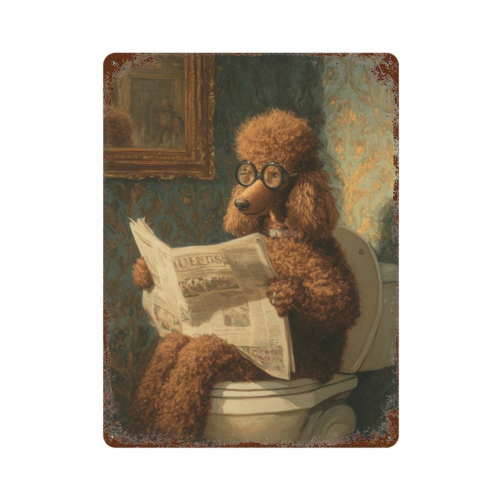 Dog Reading Newspaper on Toilet-7 Vintage Metal Tin Sign 15.7"x11.8", Farmhouse Wall Decor for Garage, Bar And Workshop Decor