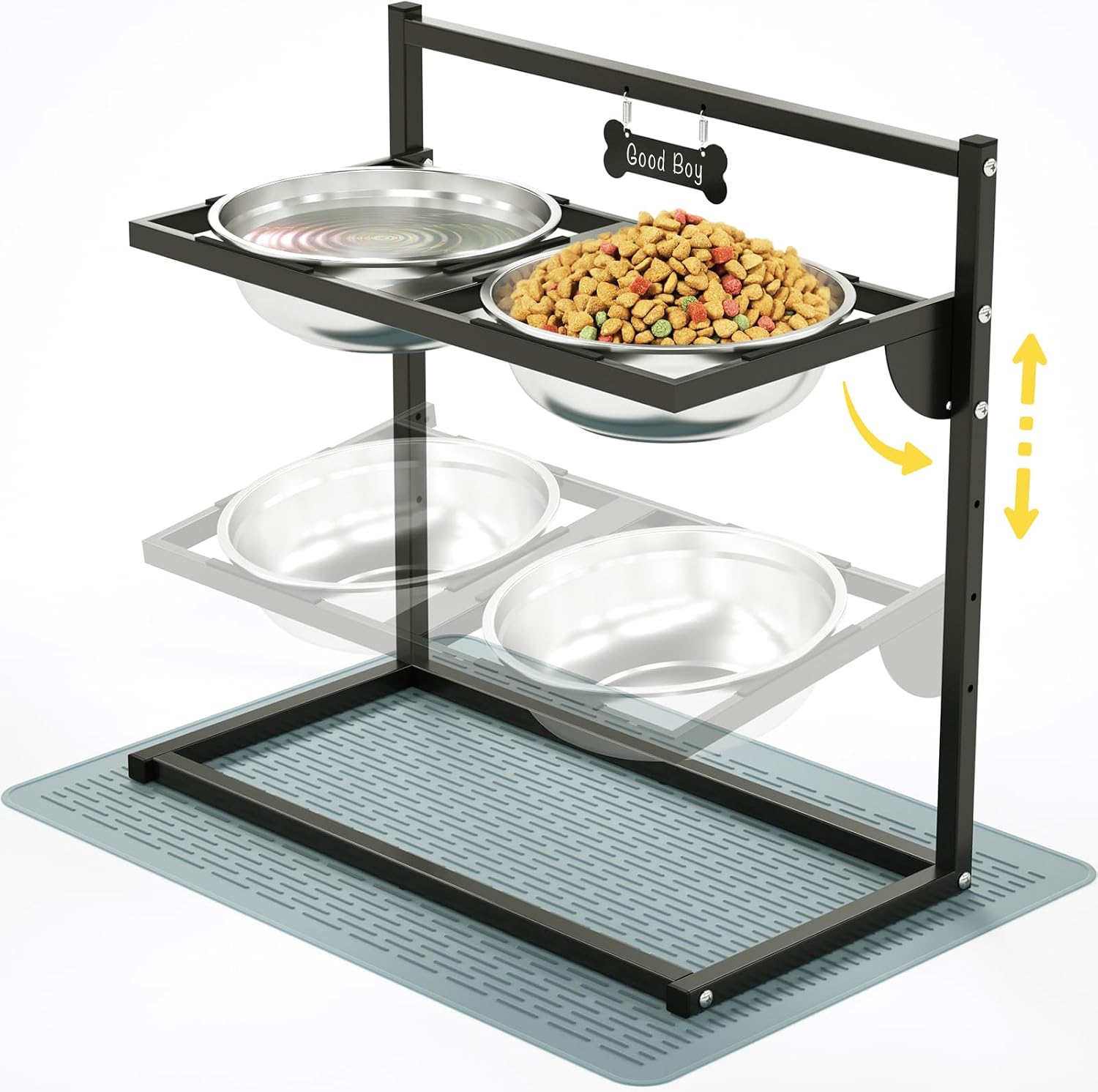 Raised Dog Bowls with 4 Levels Adjustable Height and 10° Tilt, 2 Stainless Steel Bowls (3L x 2) and Non-Slip Mat, Suitable for Giant Dogs, Large and Medium Dogs