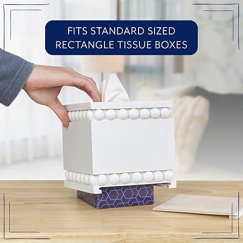 Miniatura 4 de AuldHome - Funda rectangular para caja de pañuelos con cuentas (blanca) soporte oblongo, de madera rústica