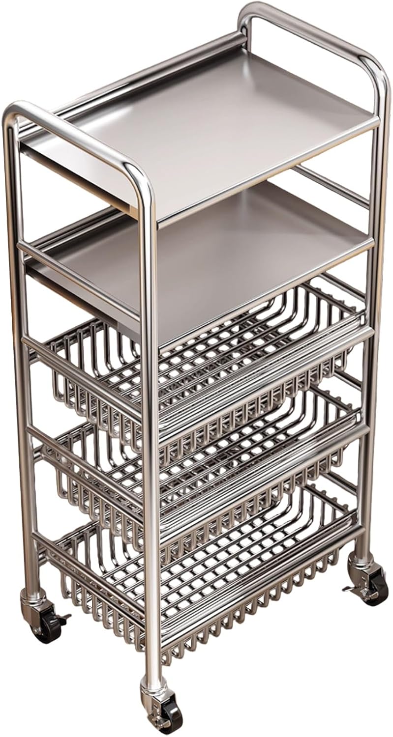 5 Tier Fruit Vegetable Storage Cart with Basket for Kitchen, Three-Sided Anti-Fall Guardrail, Stainless Steel Rolling Rack Shelf Organizer on Wheel, for Snack Spice Onions and Potatoes