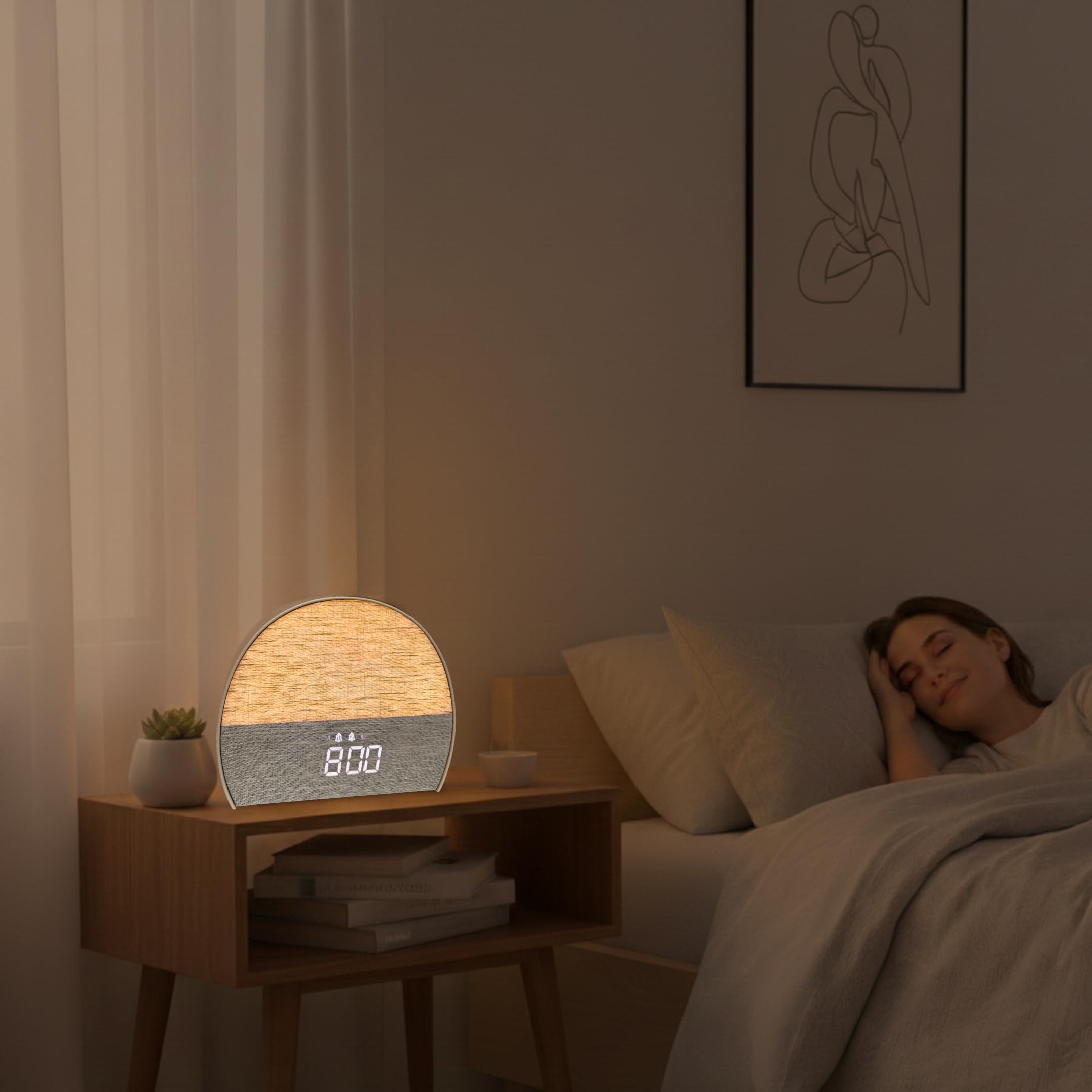 Budzik wschodu słońca, relaksujące dźwięki, biały dźwięk, głośnik Bluetooth, radio FM, minutnik snu, regulowana jasność, podwójny budzik, lampka nocna, aby poprawić Twoje poranki