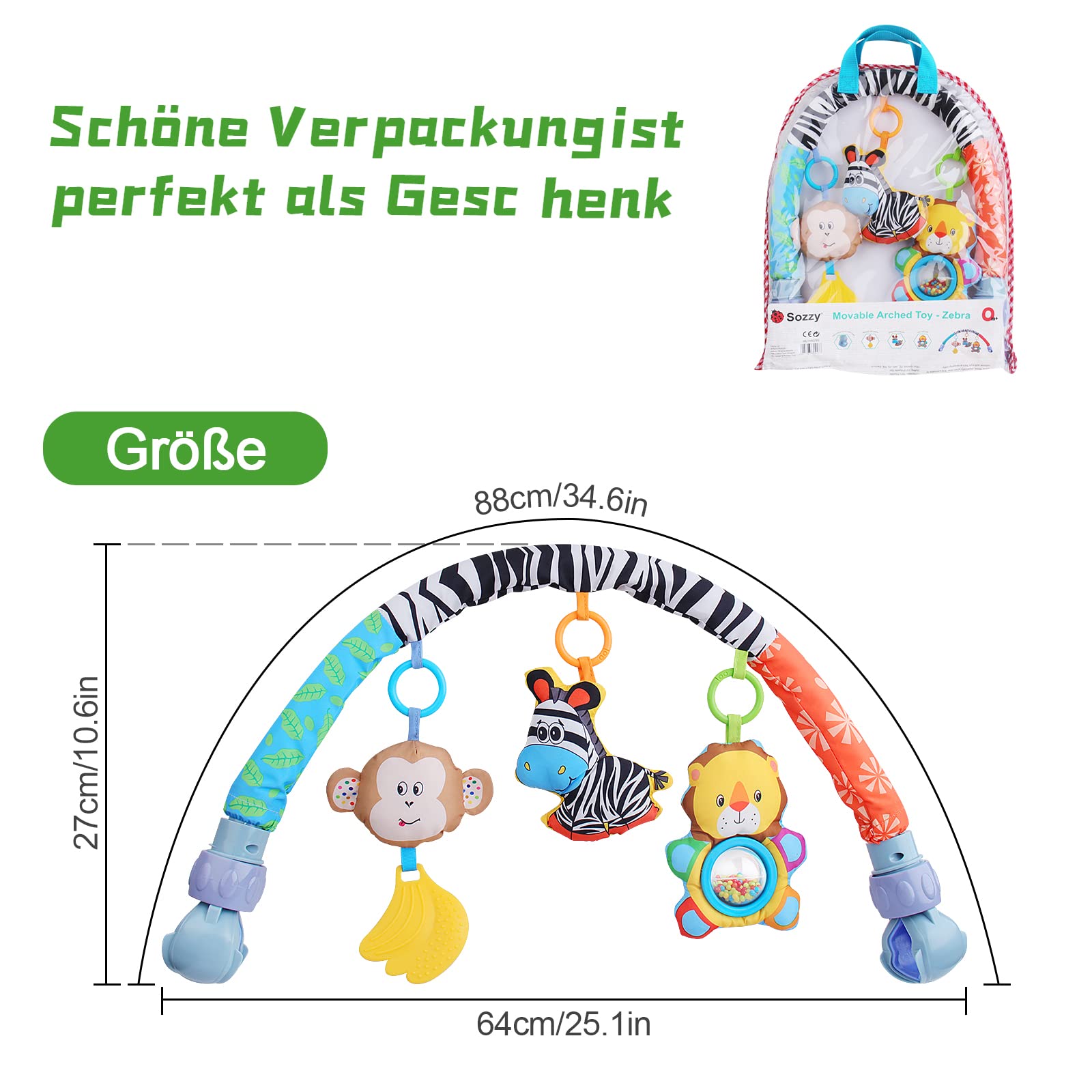 Henakmsl Jouet de Poussette Arc pour bébé 0-6 Mois Jouet de Poussette avec hochet/Squeak Musical Sensoriel Crèche Suspendue Arc Jouet Mobile Poussette Jouet pour Nouveau-né