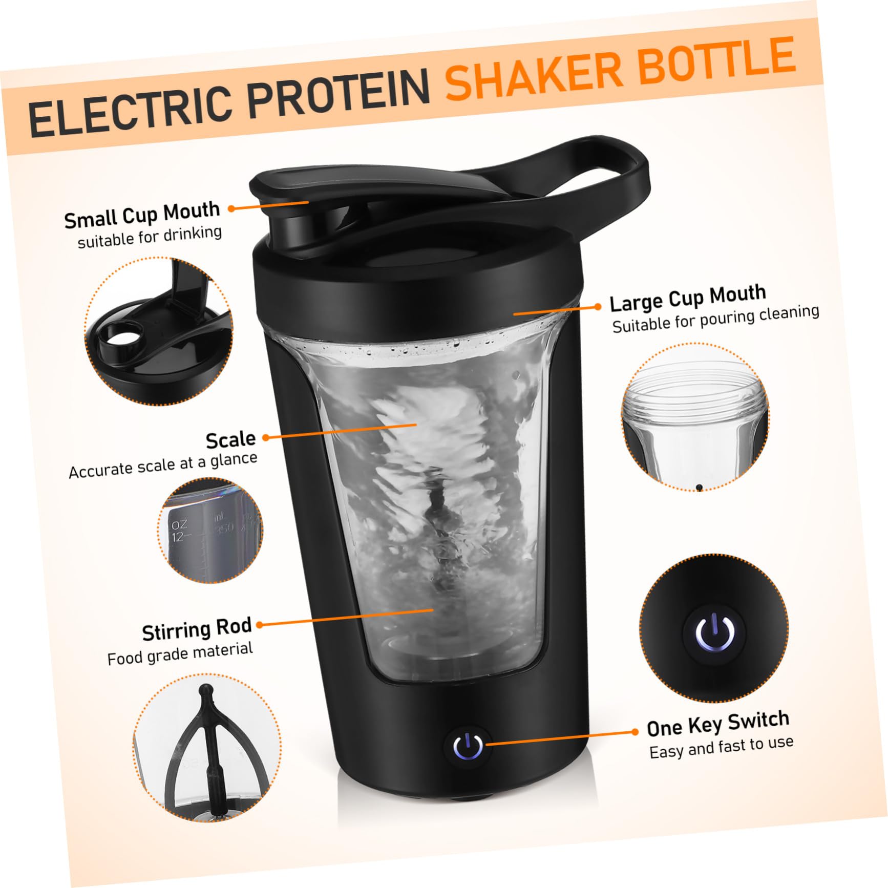 Tasse à Café Shaker Électrique Rechargeable 450ml Noire
