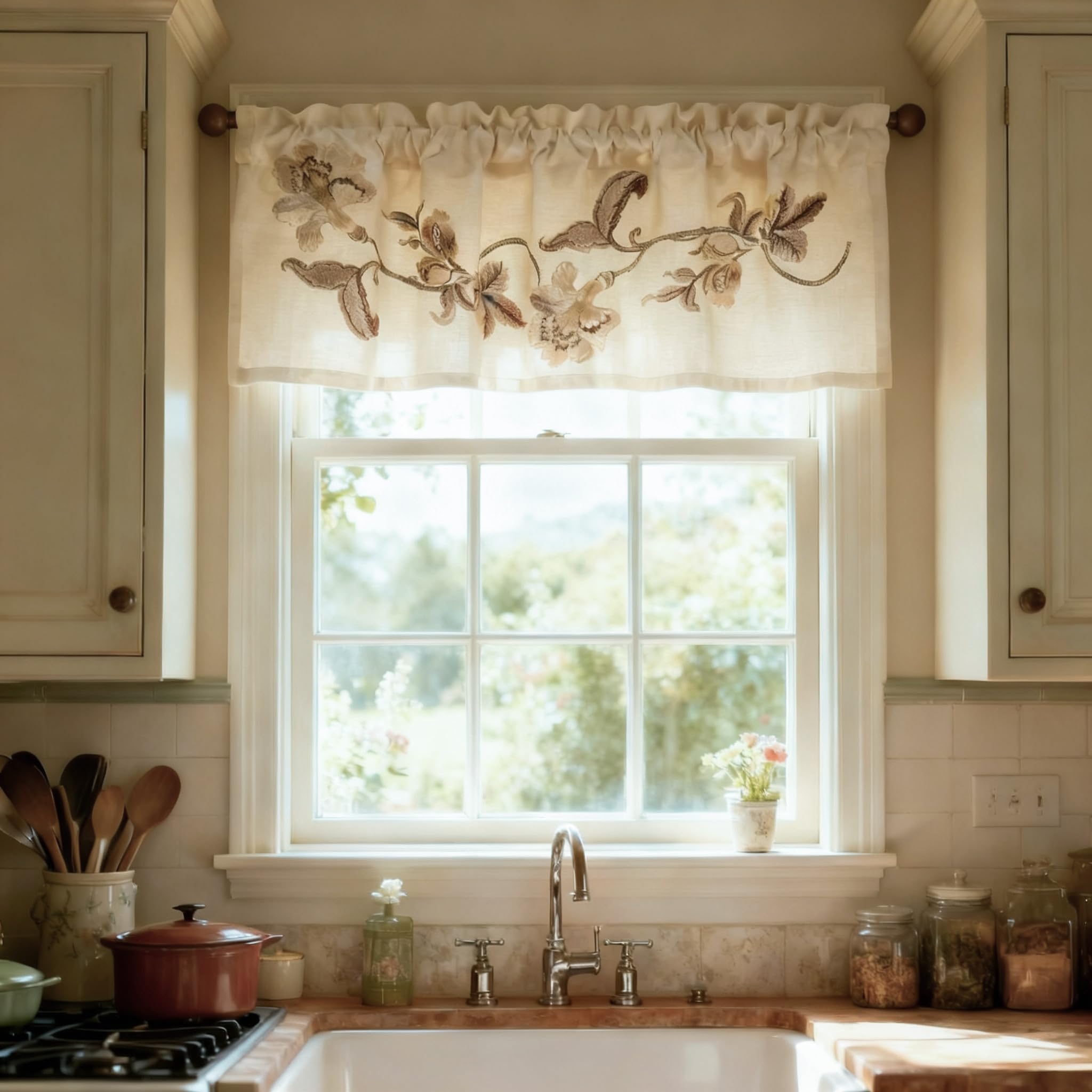 VOGOL Vintage Floral Embroidered Kitchen Valance, Linen Rod Pocket Window Topper, 52" W x 18" L