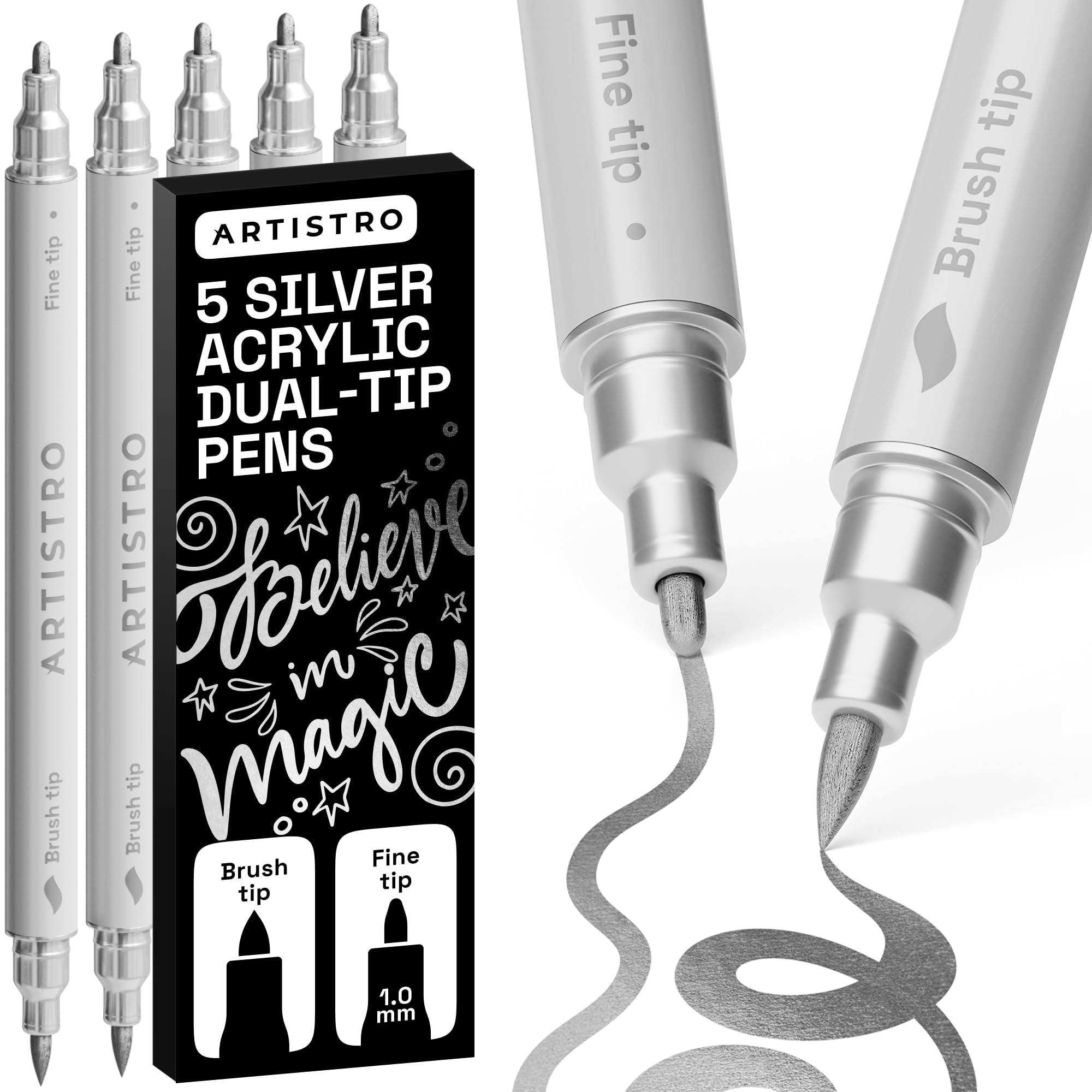 ARTISTRO 5 Silver Dual-Tip Acrylic Paint Marker Pens for Drawing