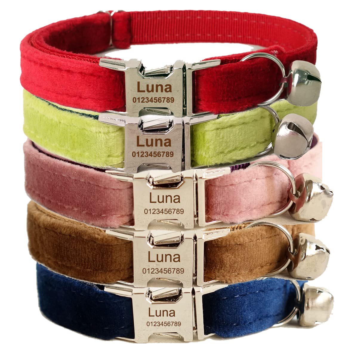 Collar de gato personalizado con etiqueta de nombre y número de teléfono grabado para gatito cachorro (terciopelo plateado)