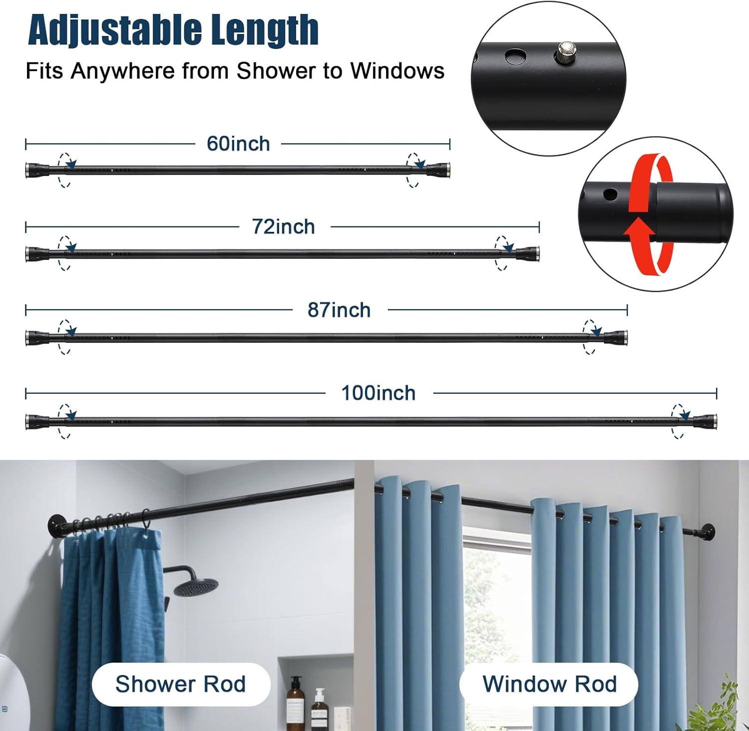Heavy Duty Shower Curtain Rod - 42 to 100 inch Adjustable,3-in-1 Installation (No Drilling,Adhesive Or Screw In Mount),Non-Slip Rustproof Tension Rod for Window,Room Divider,Doorway,Patio,Black