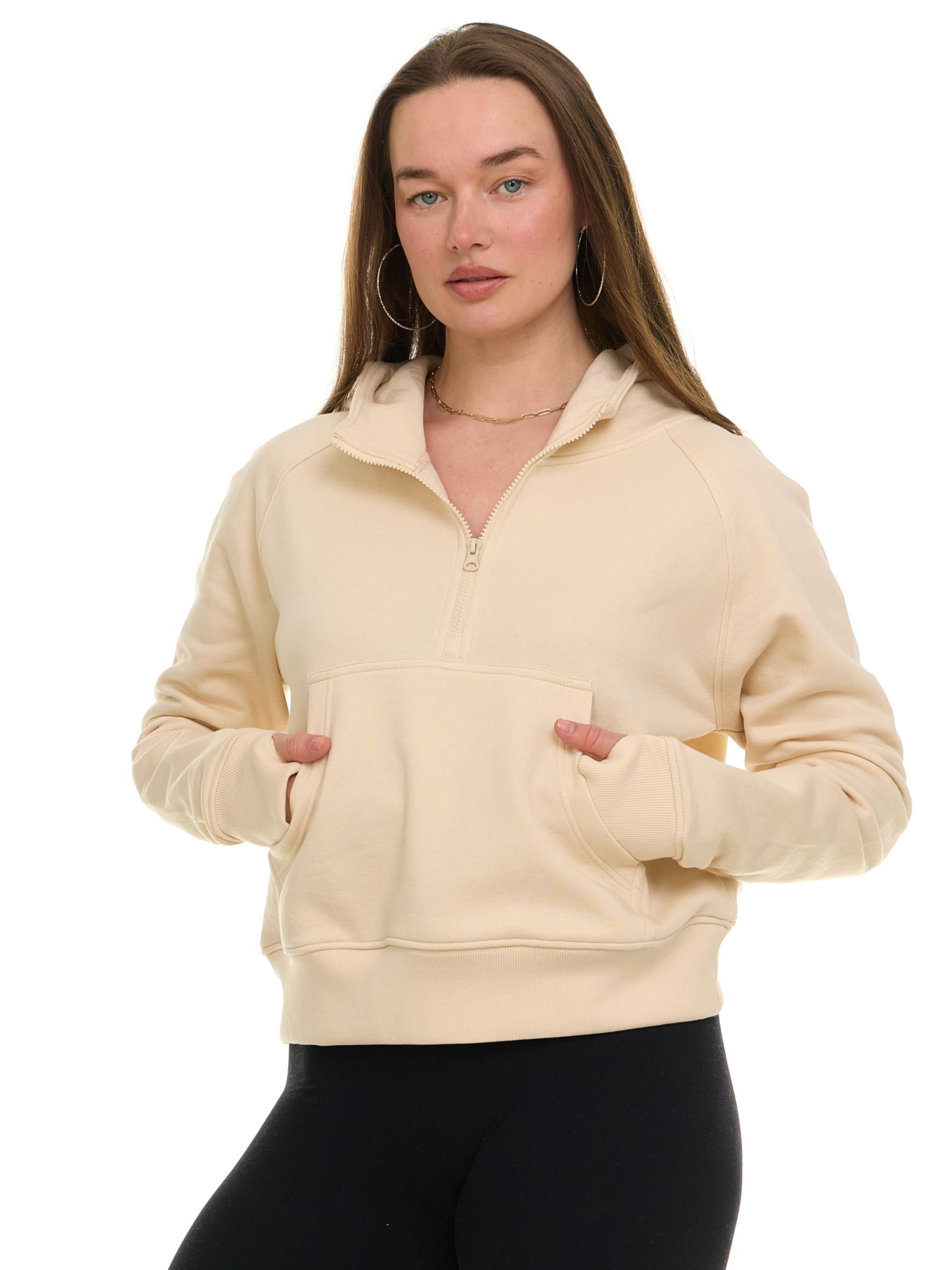 modern basics womens half zip hoodie - fleece cropped sweatshirt for women, quarter zip up pullover apricot